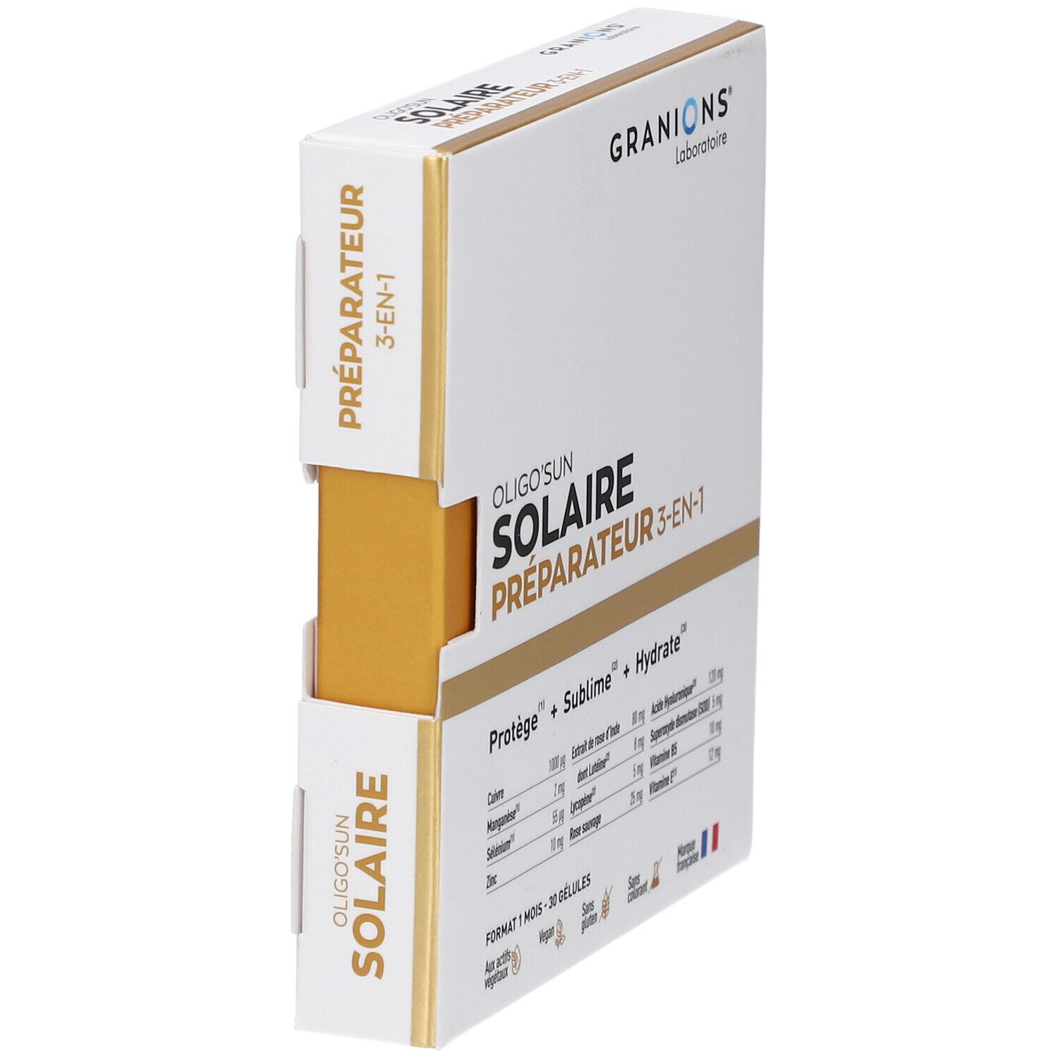 Boîte de GRANIONS OLIGO'SUN SOLAIRE PRÉPARATEUR 3-EN-1. Blanche et dorée. Vue latérale. Marque française.