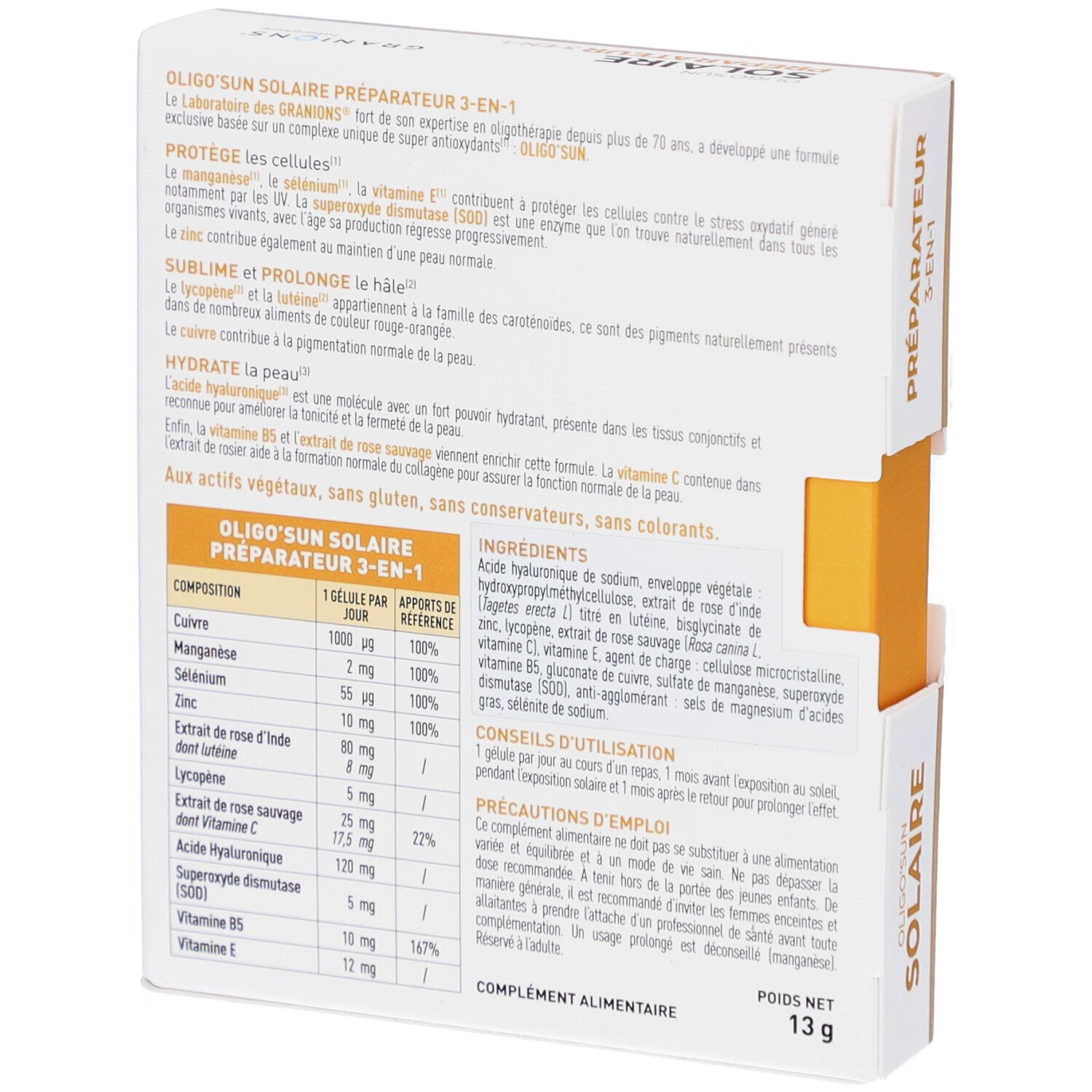 Dos de la boîte de GRANIONS OLIGO'SUN SOLAIRE PRÉPARATEUR 3-EN-1. Contient ingrédients et conseils d'utilisation.