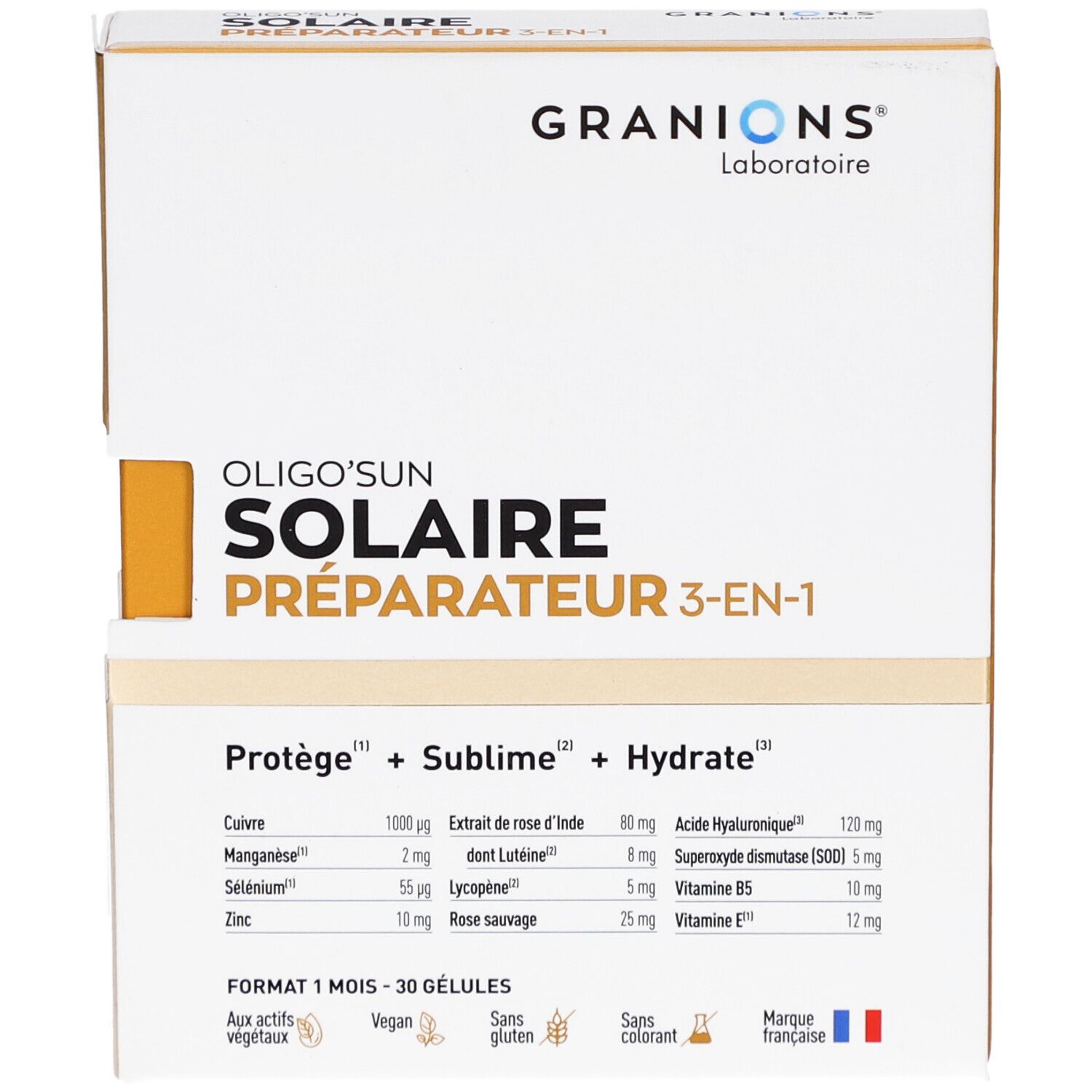 Boîte de GRANIONS OLIGO'SUN SOLAIRE PRÉPARATEUR 3-EN-1. Blanche et dorée. Contient 30 gélules. Marque française.