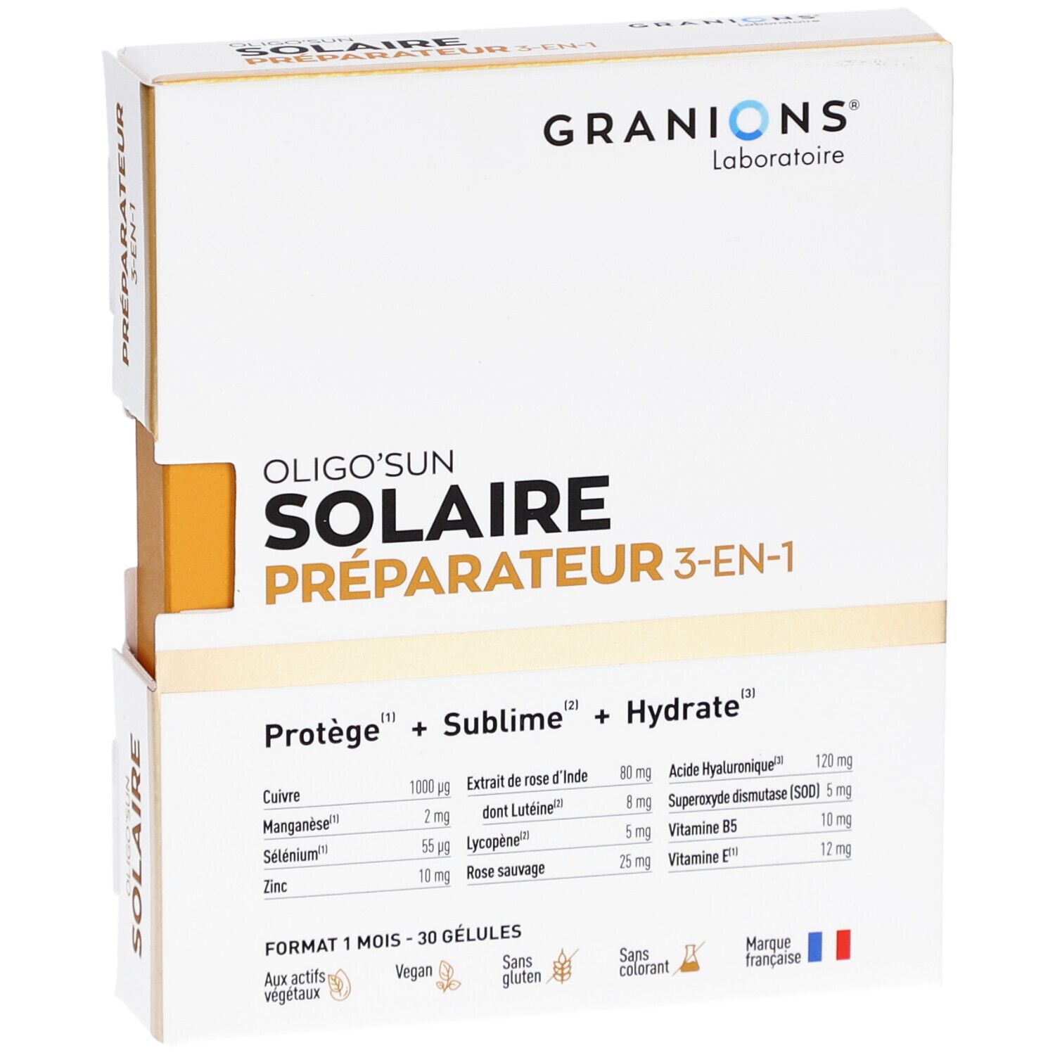 Boîte de GRANIONS OLIGO'SUN SOLAIRE PRÉPARATEUR 3-EN-1. Blanche et dorée. Contient 30 gélules. Marque française.