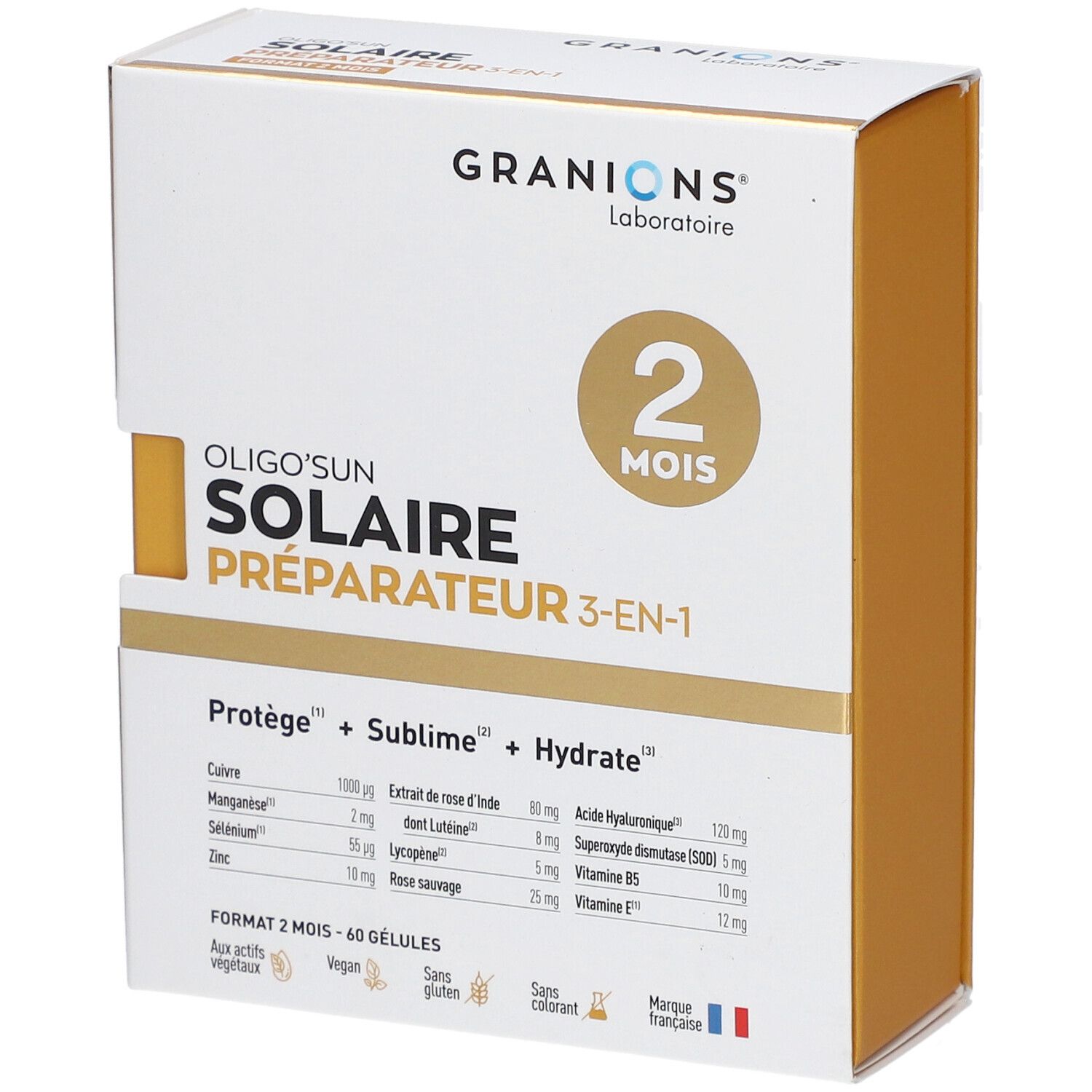 Boîte GRANIONS OLIGOSUN. Blanche et dorée, avec nom du produit et ingrédients. Drapeau français.