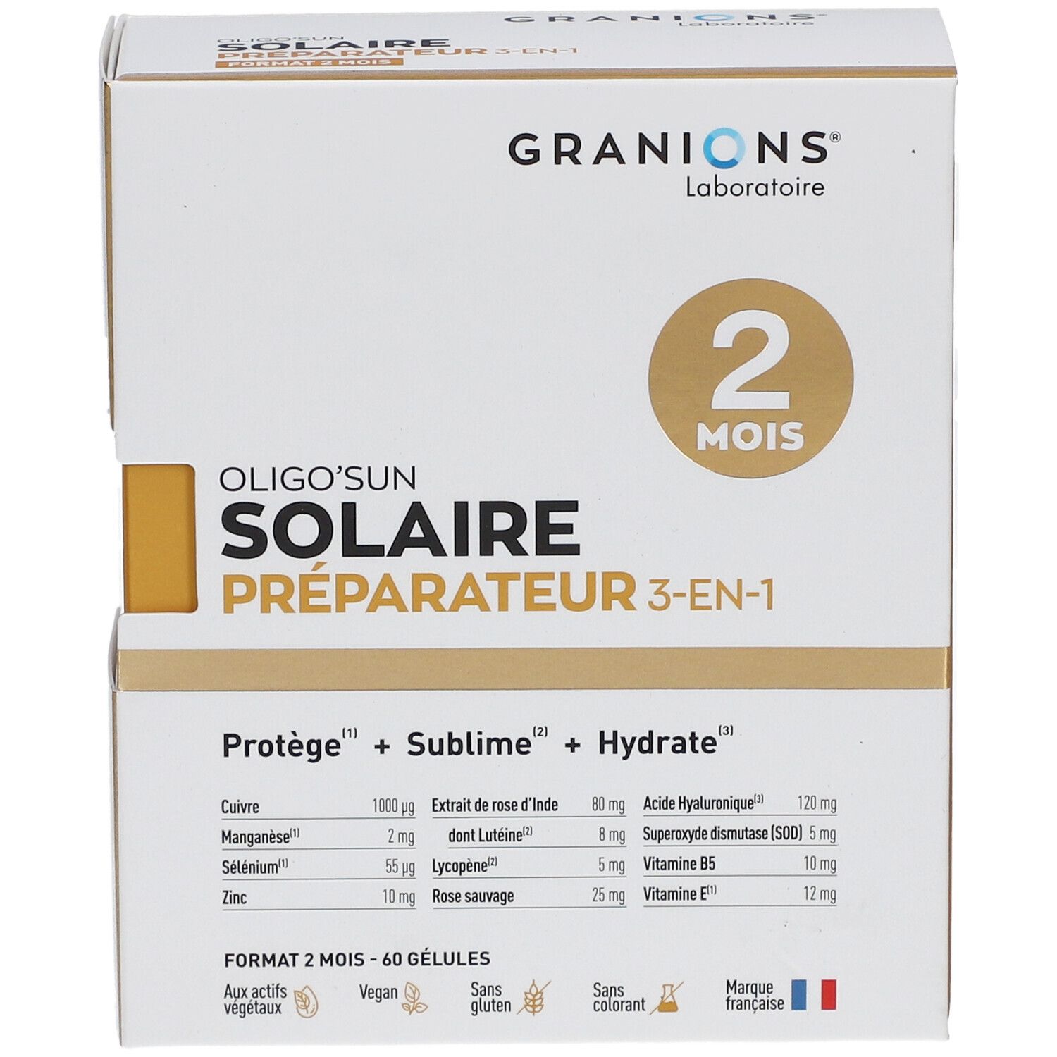 Boîte GRANIONS OLIGOSUN, blanche et dorée. Nom du produit et ingrédients visibles. Drapeau français.