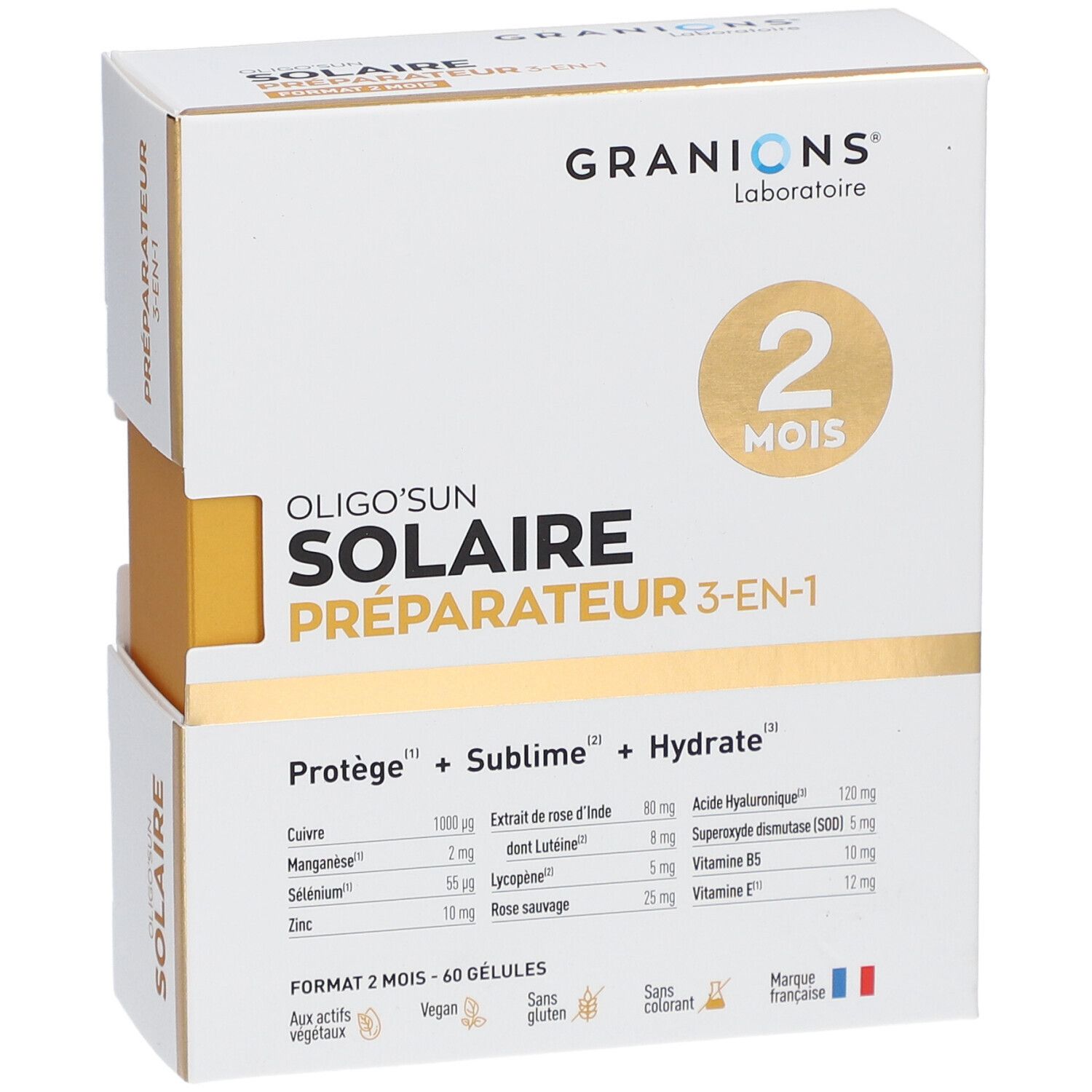 Boîte GRANIONS OLIGOSUN, blanche et dorée. Nom du produit et ingrédients visibles. Drapeau français.