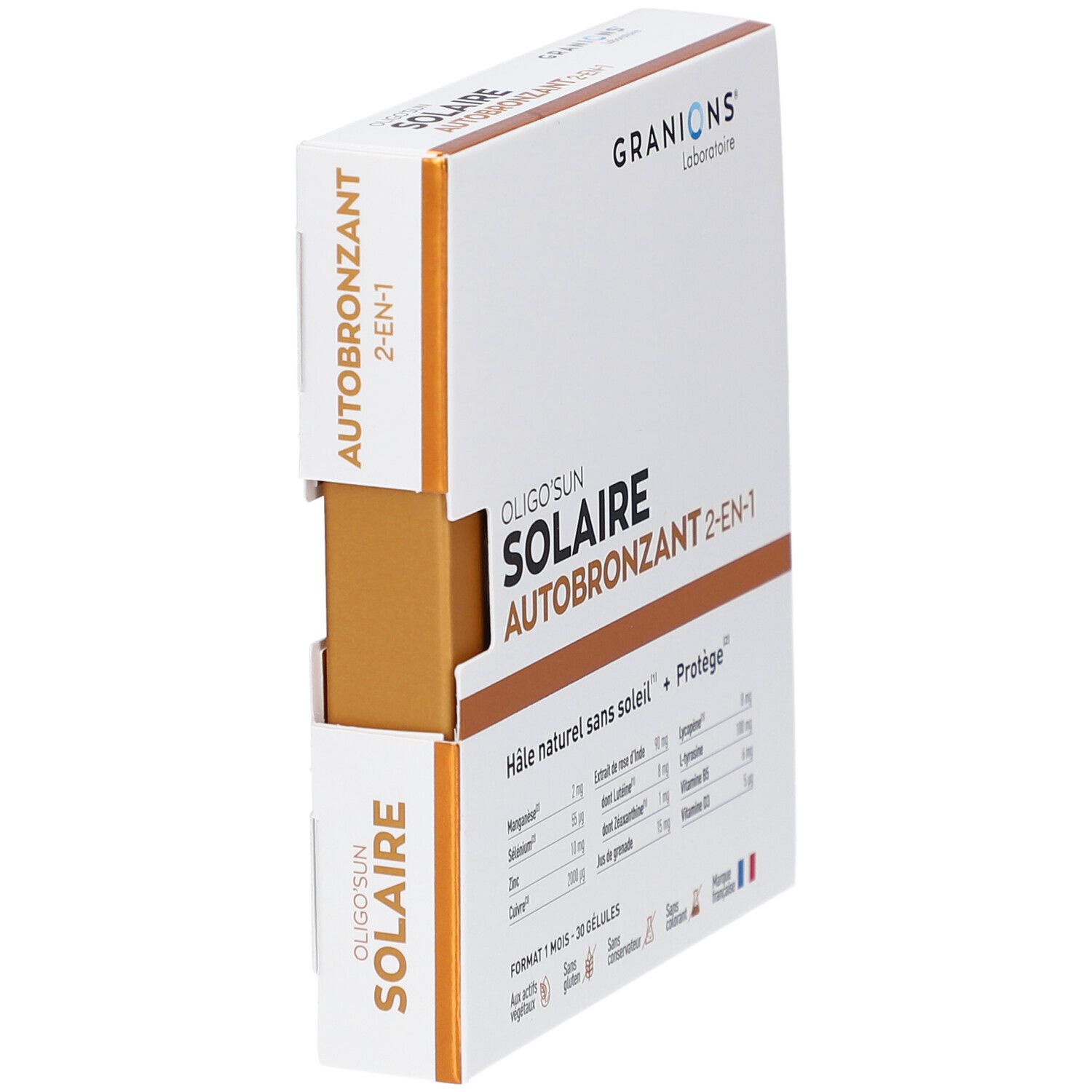 Boîte Oligo'Sun Solaire Autobronzant 2-en-1. Marque Granions. Vue en biais.