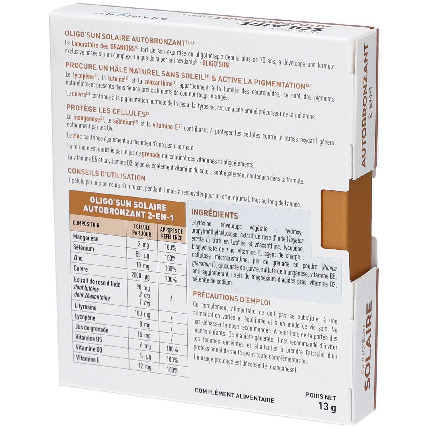 Dos de la boîte Oligo'Sun Solaire Autobronzant 2-en-1. Contient ingrédients et mode d'emploi.