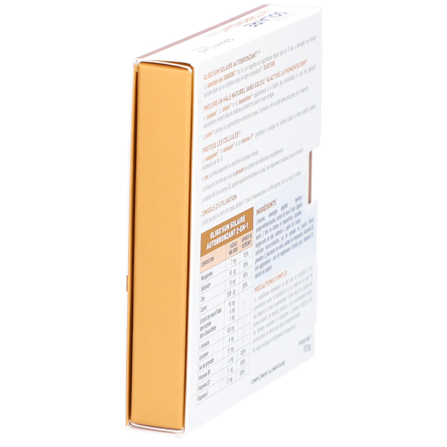 Dos de la boîte Oligo'Sun Solaire Autobronzant 2-en-1. Contient des informations.