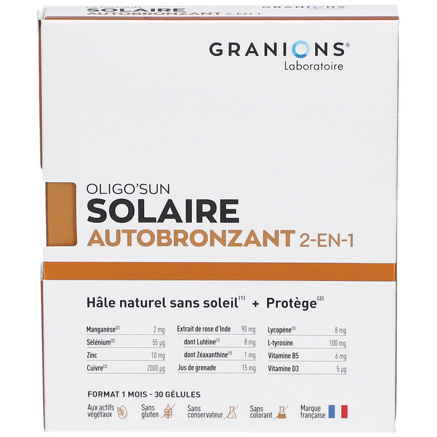 Boîte Oligo'Sun Solaire Autobronzant 2-en-1. Contient 30 gélules. Marque Granions.
