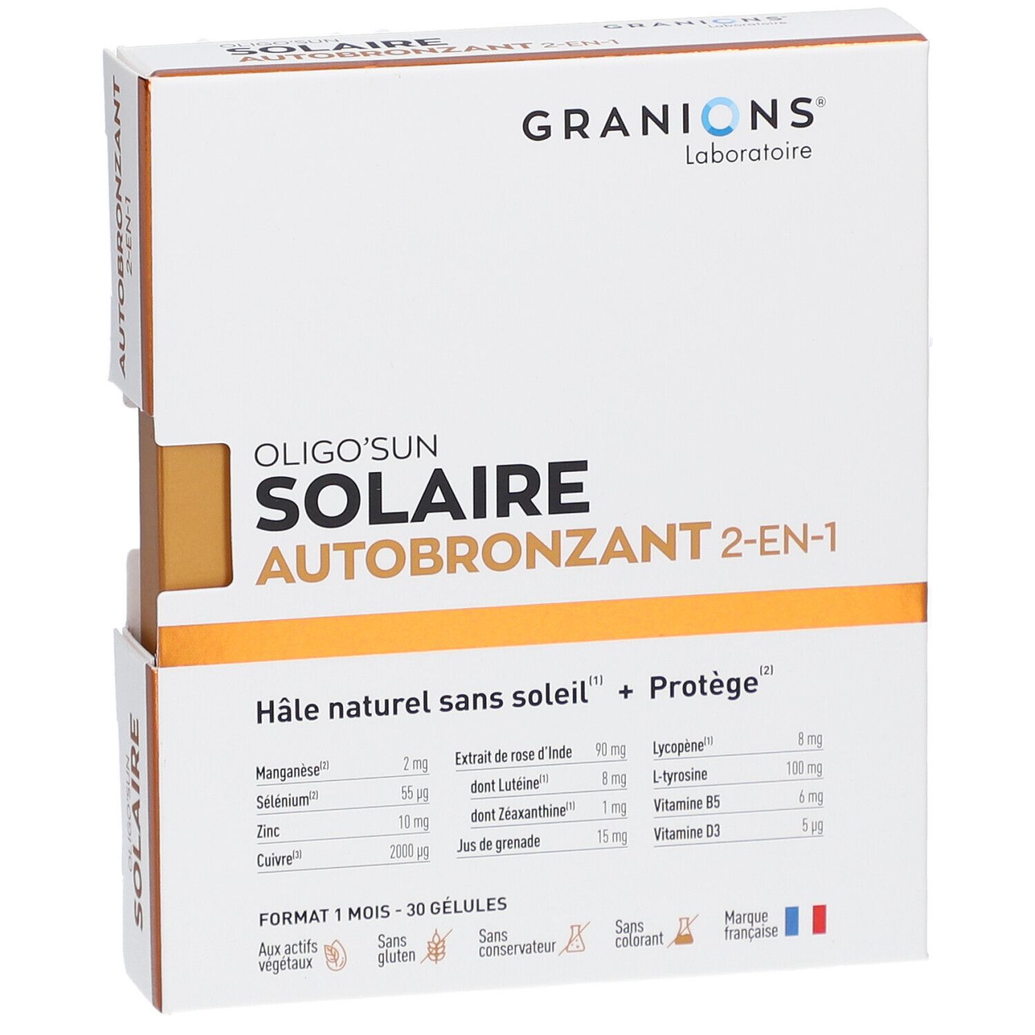 Boîte Oligo'Sun Solaire Autobronzant 2-en-1. Marque Granions. Vue en biais.