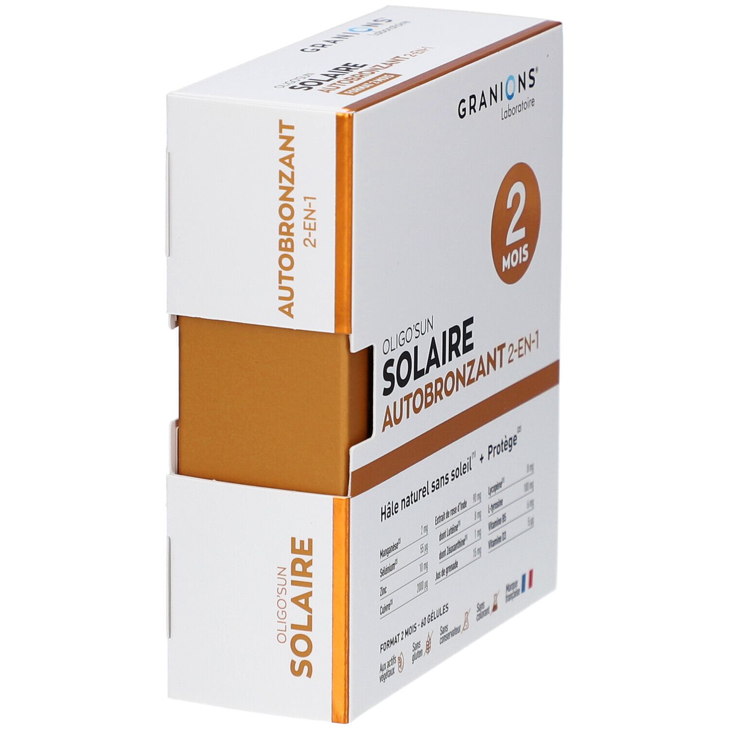 Emballage ouvert de GRANIONS OLIGOSUN SOLAIRE AUTOBRONZANT 2-EN-1. Format 2 mois.
