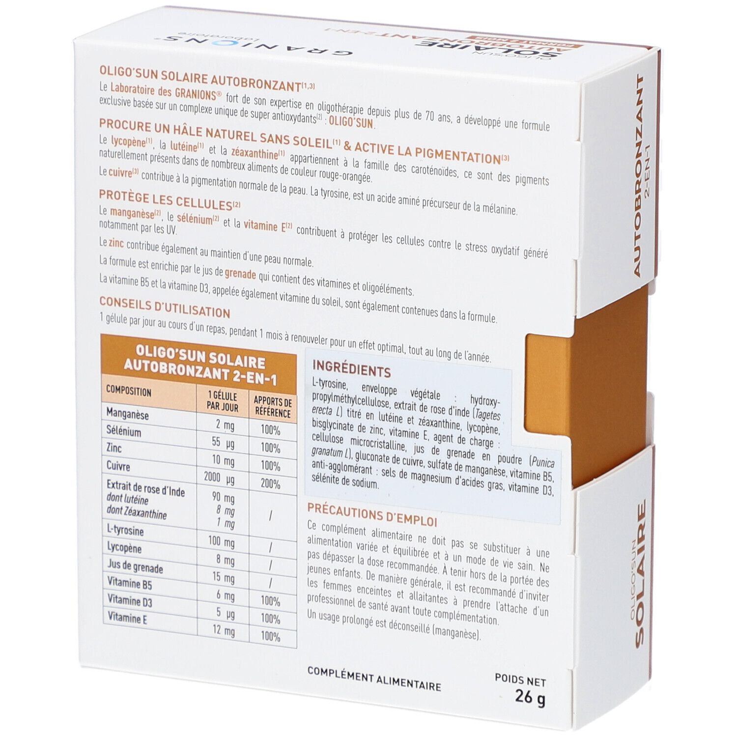 Dos de la boîte GRANIONS OLIGOSUN SOLAIRE AUTOBRONZANT 2-EN-1. Ingrédients et conseils d'utilisation.
