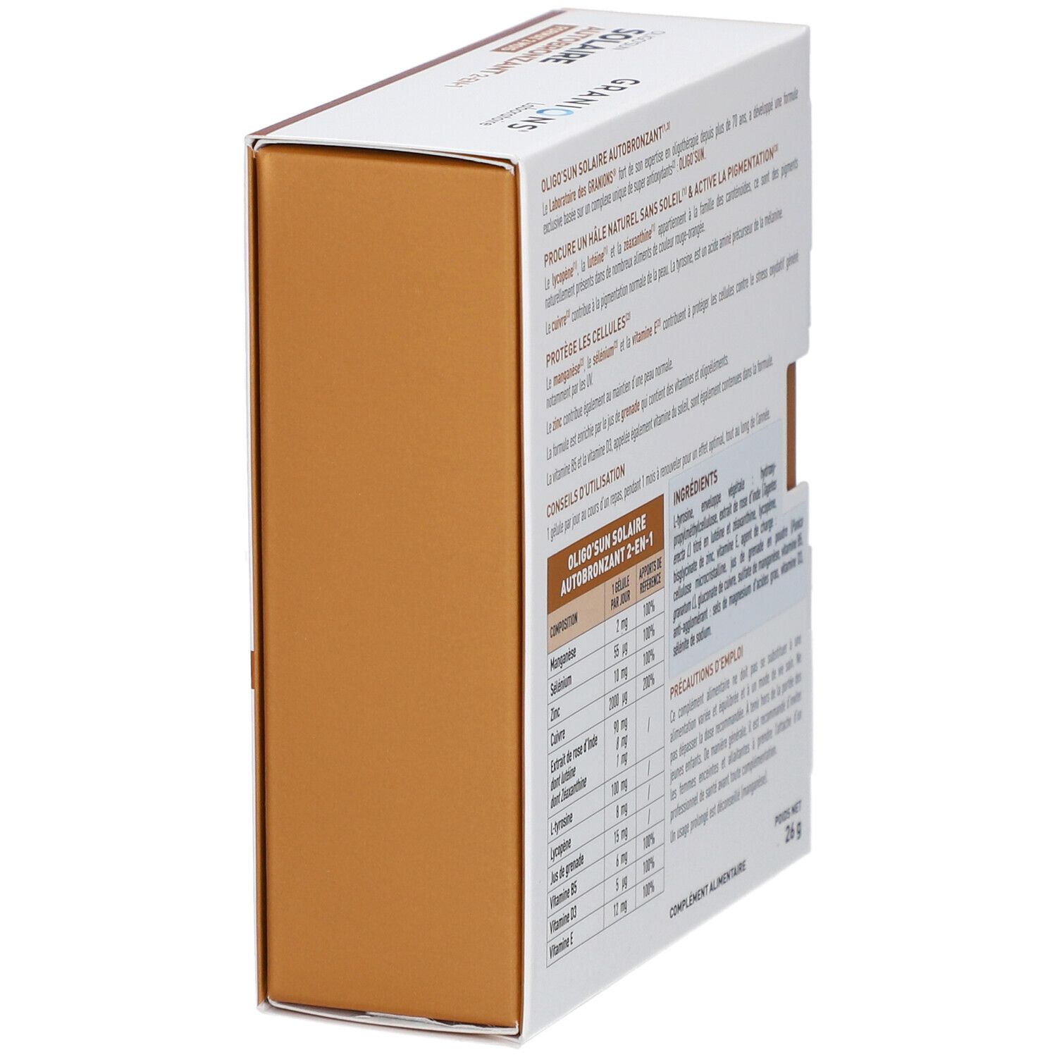 Vue latérale de la boîte GRANIONS OLIGOSUN SOLAIRE AUTOBRONZANT 2-EN-1. Ingrédients et conseils.