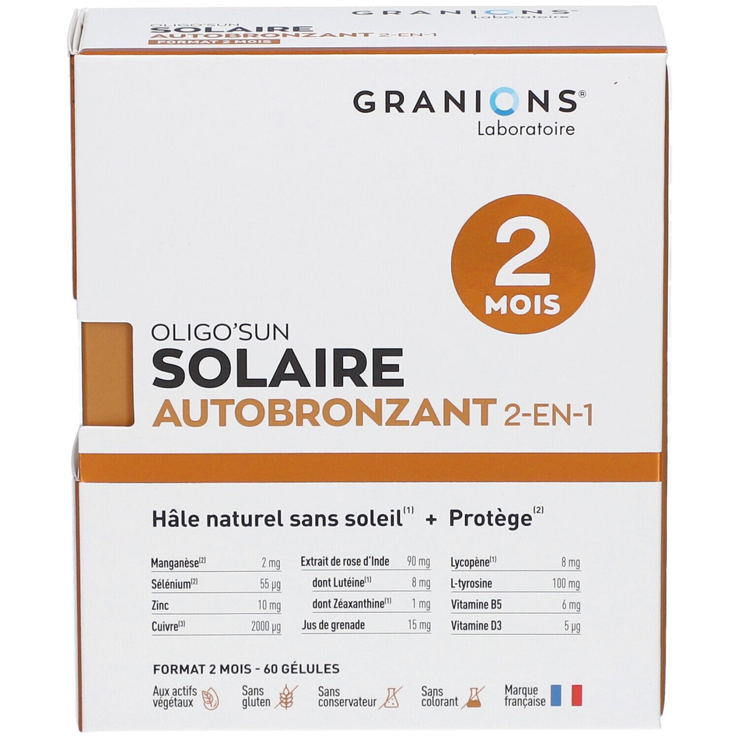 Boîte GRANIONS OLIGOSUN SOLAIRE AUTOBRONZANT 2-EN-1. Format 2 mois. Marque française.