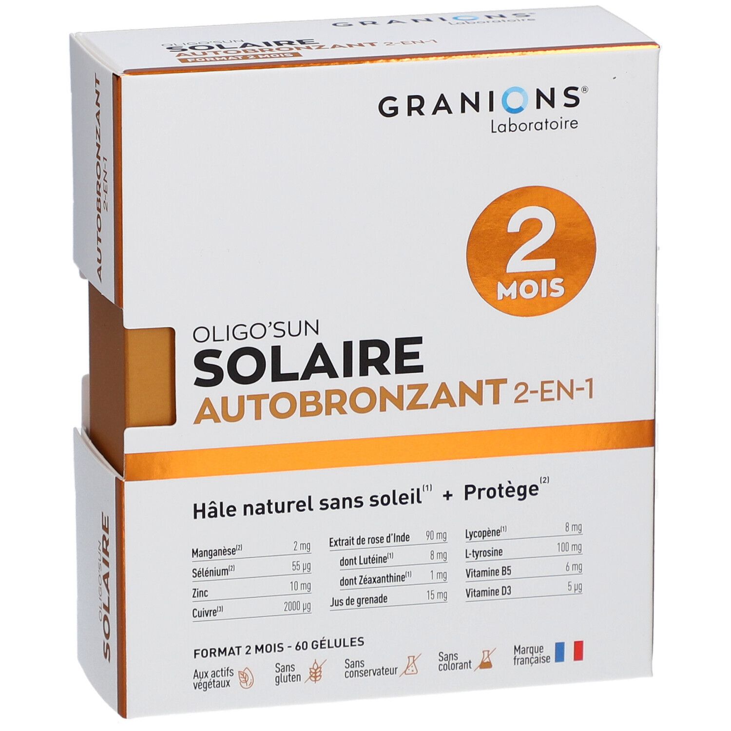 Emballage ouvert de GRANIONS OLIGOSUN SOLAIRE AUTOBRONZANT 2-EN-1. Format 2 mois.