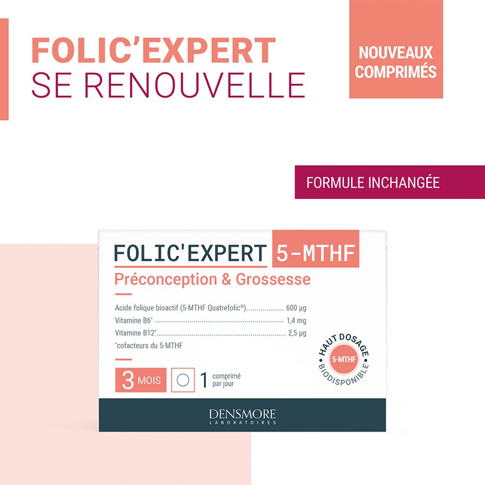 Boîte Folic'Expert 5-MTHF. Inscription : Se Renouvelle. Nouveaux comprimés. Formule inchangée. Préconception.