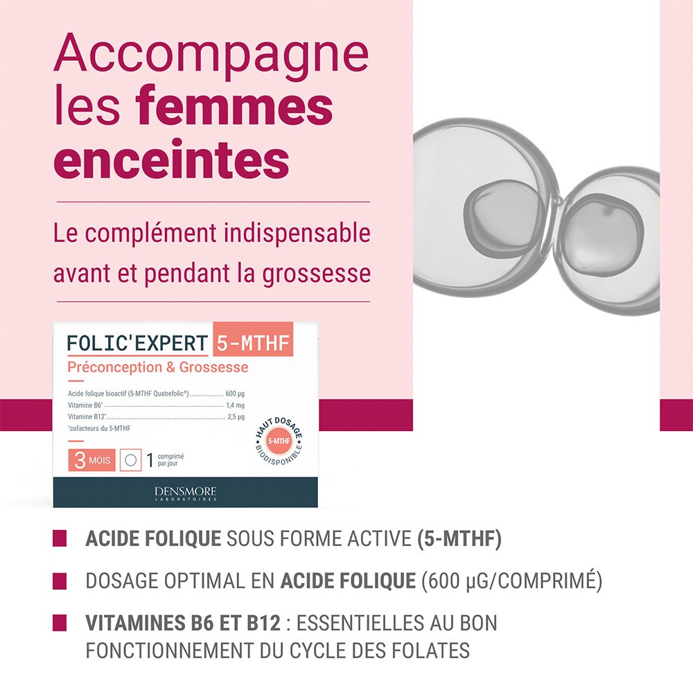 Boîte Folic'Expert 5-MTHF. Accompagne les femmes enceintes. Complément avant et pendant la grossesse. Vitamines.