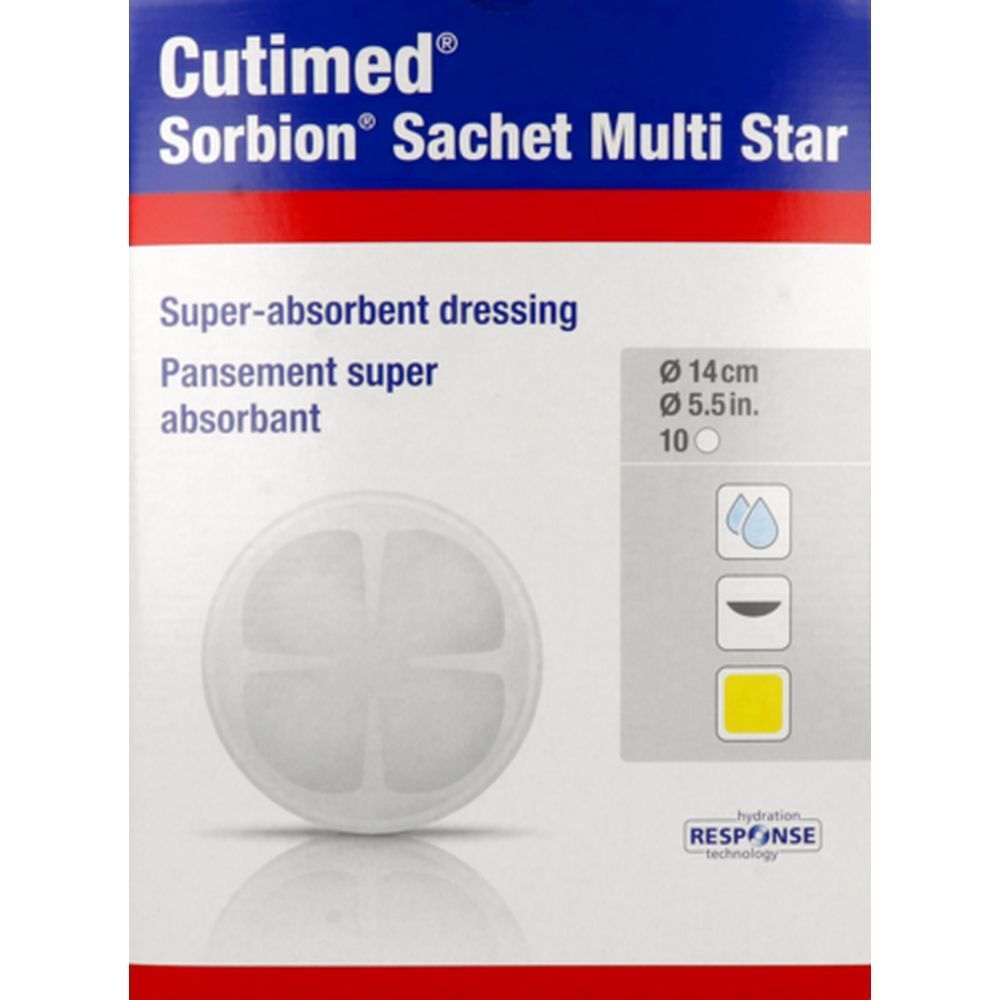 Emballage de Cutimed® Sobion® Sachet Multi Star. Pansement super absorbant rond, diamètre 14 cm. 10 pièces. Technologie Hydration Response.