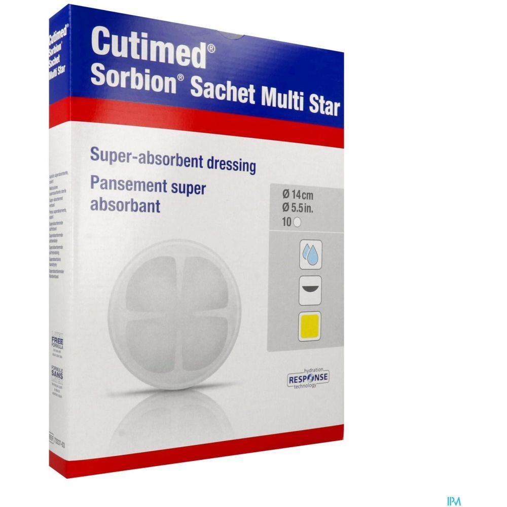 Emballage de Cutimed® Sobion® Sachet Multi Star. Pansement super absorbant rond, diamètre 14 cm. 10 pièces. Technologie Hydration Response.