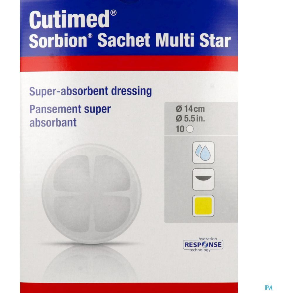 Emballage de Cutimed® Sobion® Sachet Multi Star. Pansement super absorbant rond, diamètre 14 cm. 10 pièces. Technologie Hydration Response.