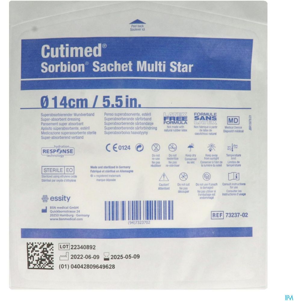 Emballage de Cutimed® Sobion® Sachet Multi Star. Pansement rond, diamètre 14 cm. Stérile EO. Dispositif médical. Numéro de lot, date de péremption.