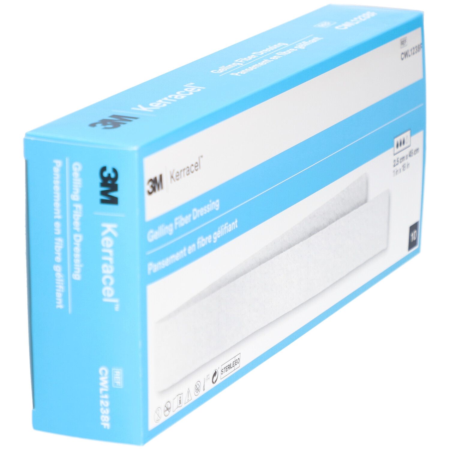 Boîte 3M Kerracel Gelling Fiber Dressing. Boîte bleue avec informations produit, pansement et indication de taille.
