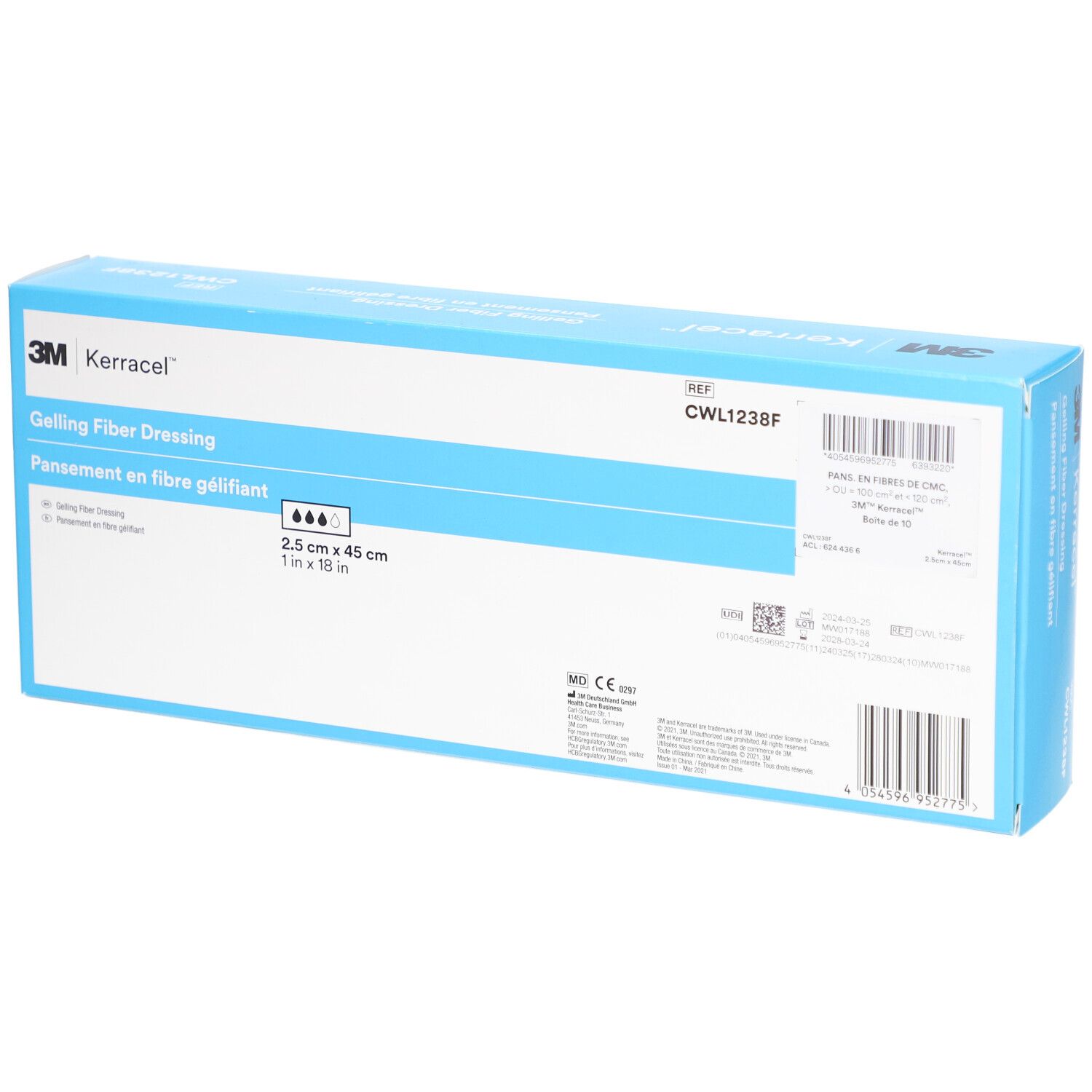 Boîte 3M Kerracel Gelling Fiber Dressing. Boîte bleue avec informations produit, pansement et indication de taille.