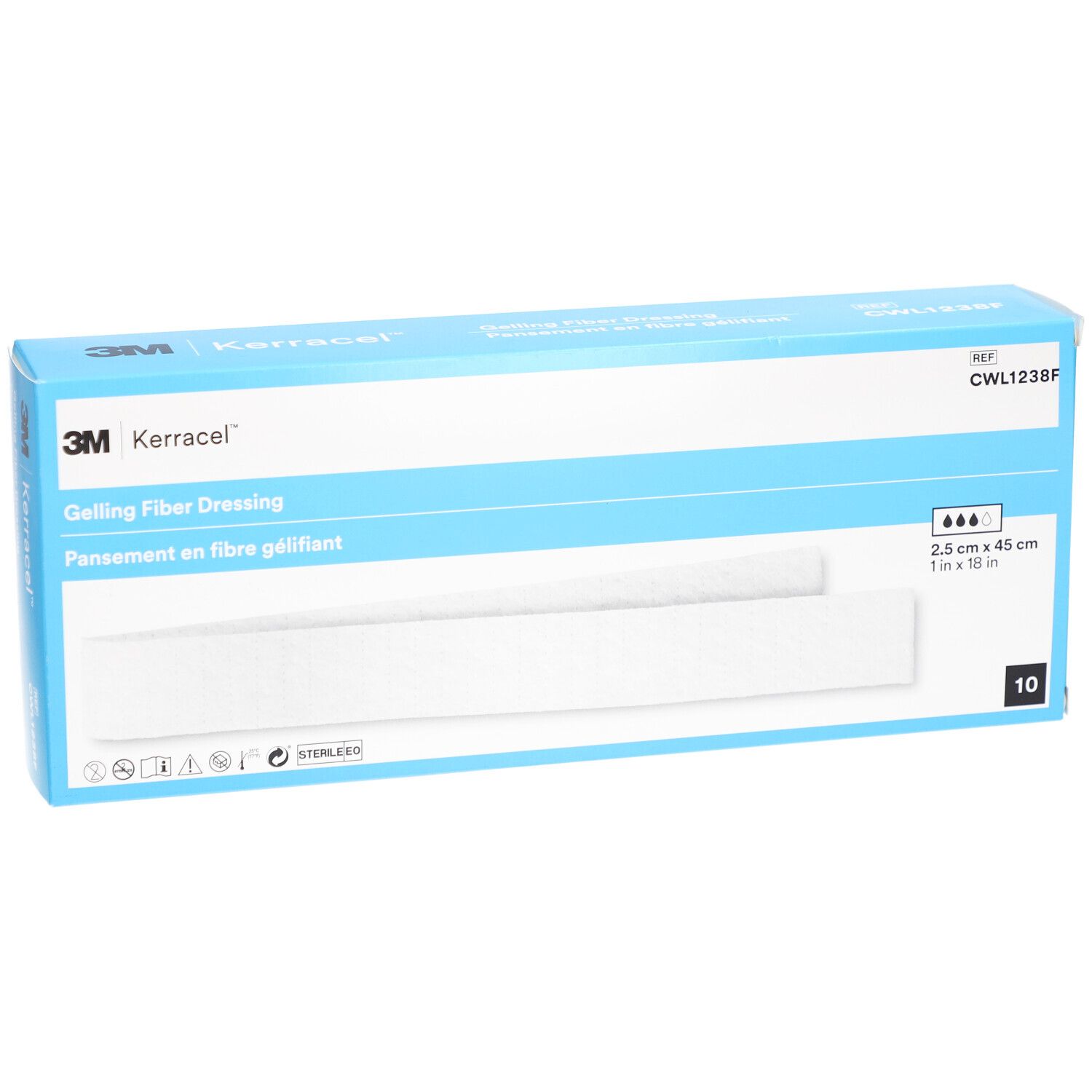 Boîte 3M Kerracel Gelling Fiber Dressing. Boîte bleue avec informations produit, pansement et indication de taille.