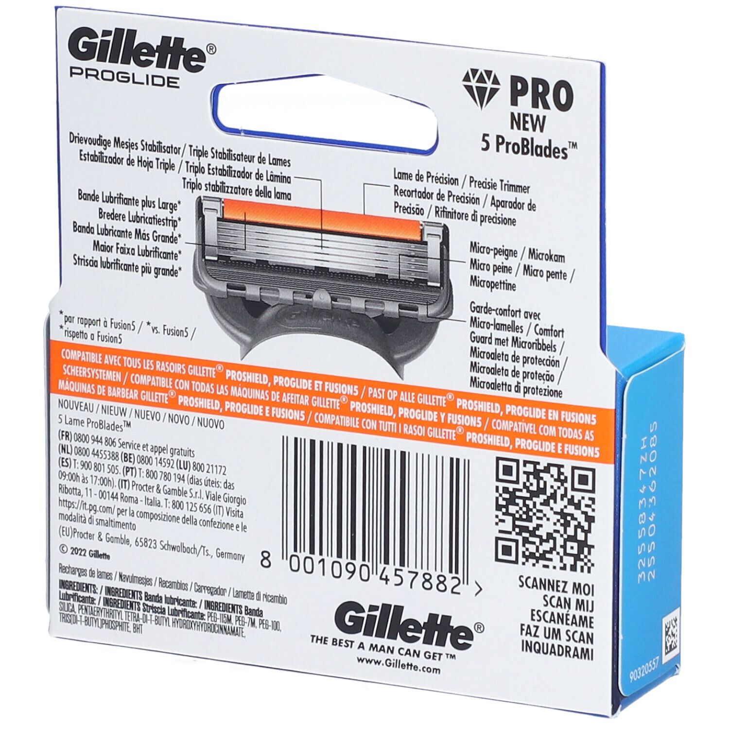 Dos du paquet de recharges Gillette Proglide. Texte multilingue. Visible : tête de rasoir, bande orange, code QR.