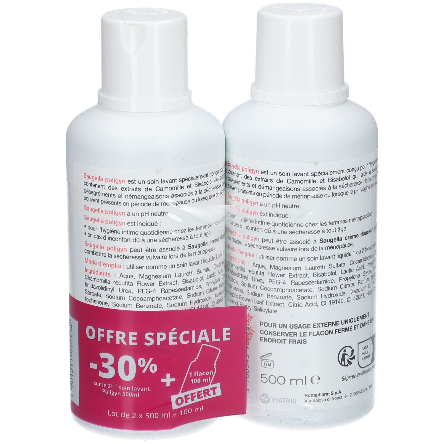 Deux flacons blancs avec étiquettes roses. Inscription Saugella. pH neutre. Texte en français. Avec un autocollant promotionnel rose.