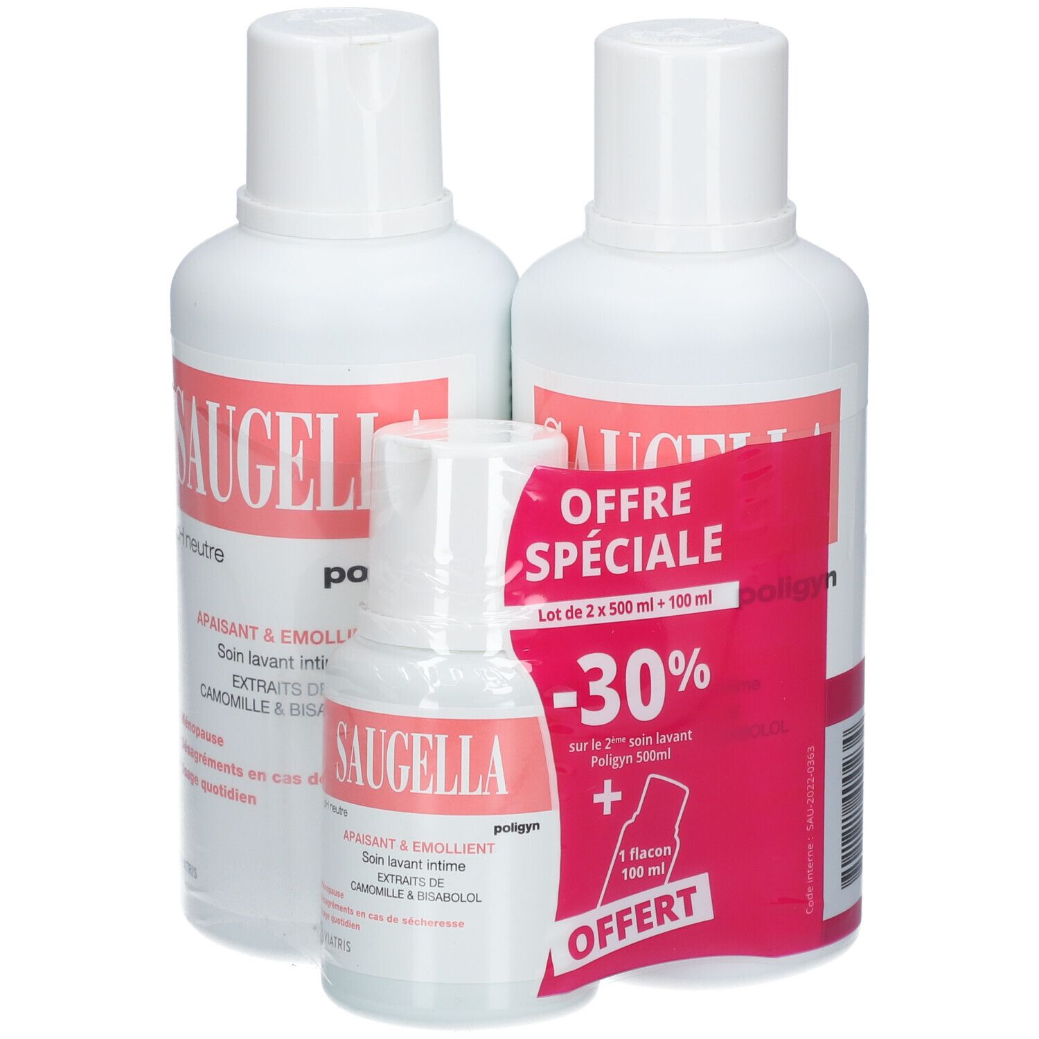 Trois flacons, blancs avec étiquettes roses. Inscription Saugella. pH neutre. Texte en français. Avec autocollant promotionnel.