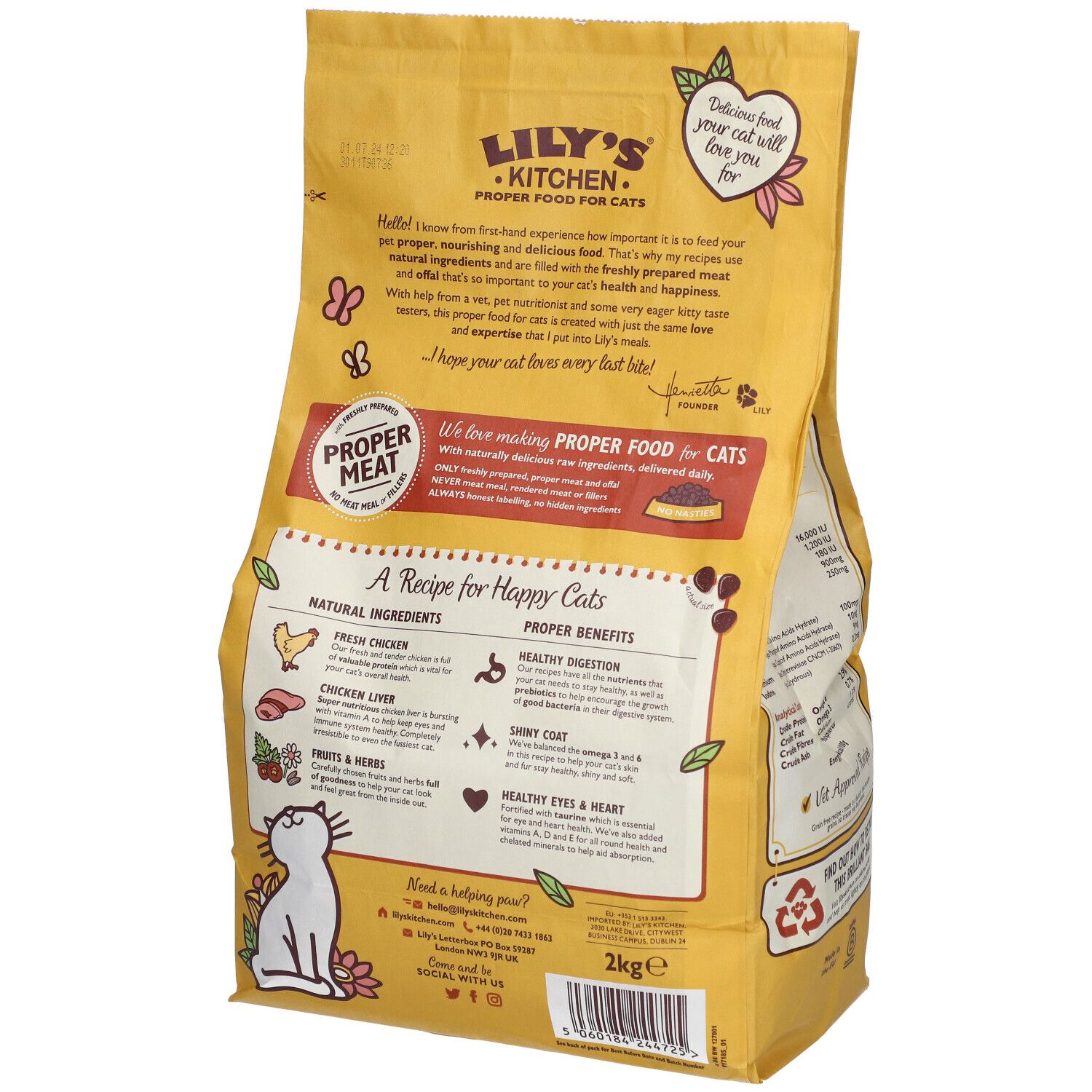 Dos d'emballage jaune de nourriture pour chats. Texte : Lily's Kitchen, Proper Food for Cats, 2 kg, recette pour chats heureux.