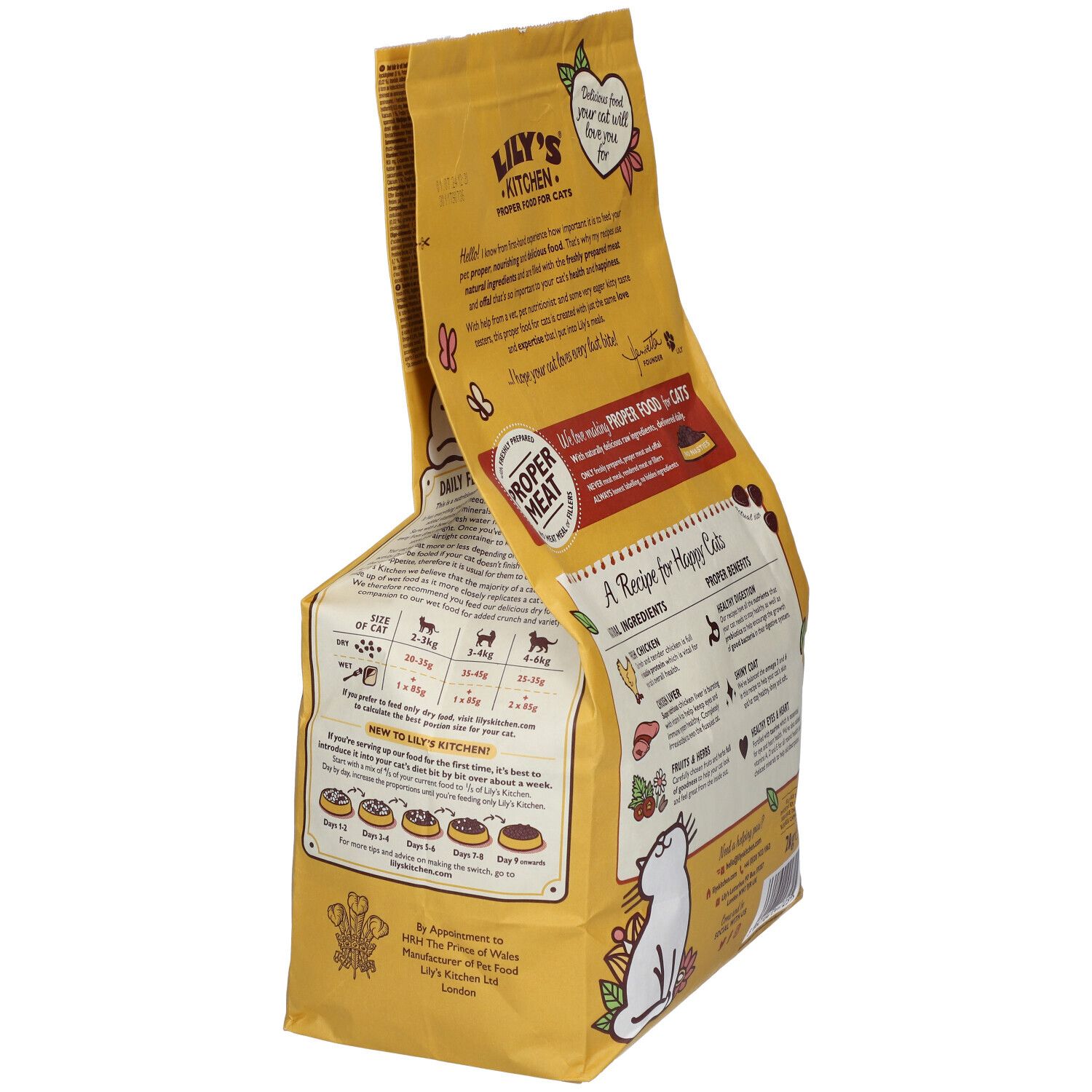 Emballage jaune de nourriture pour chats. Inscription : Lily's Kitchen, Kroketten Cocotte au poulet, 70% poulet frais. Texte au dos.
