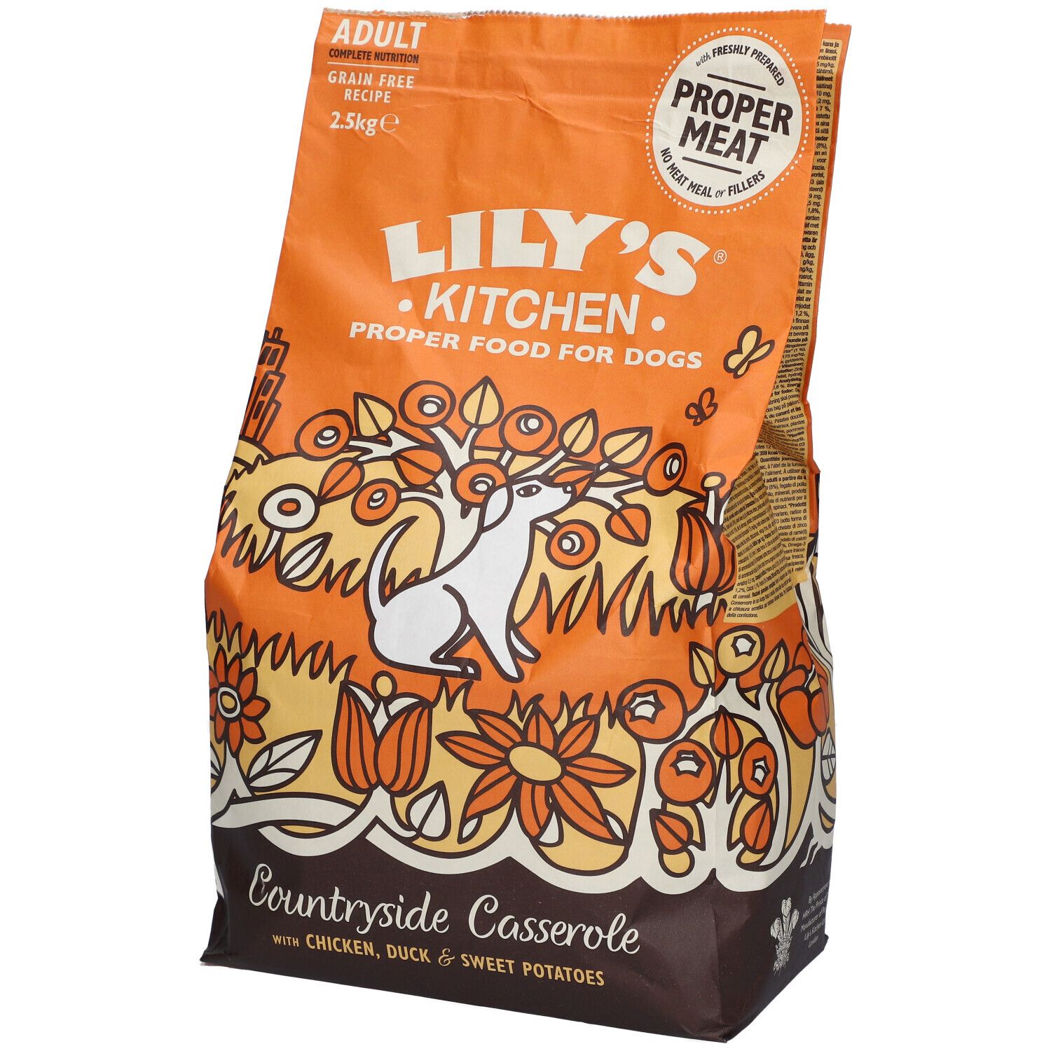 Sac orange de nourriture pour chiens. Inscription : Lily's Kitchen, Countryside Casserole, Adult, 2.5kg. Illustration : chien, fleurs.