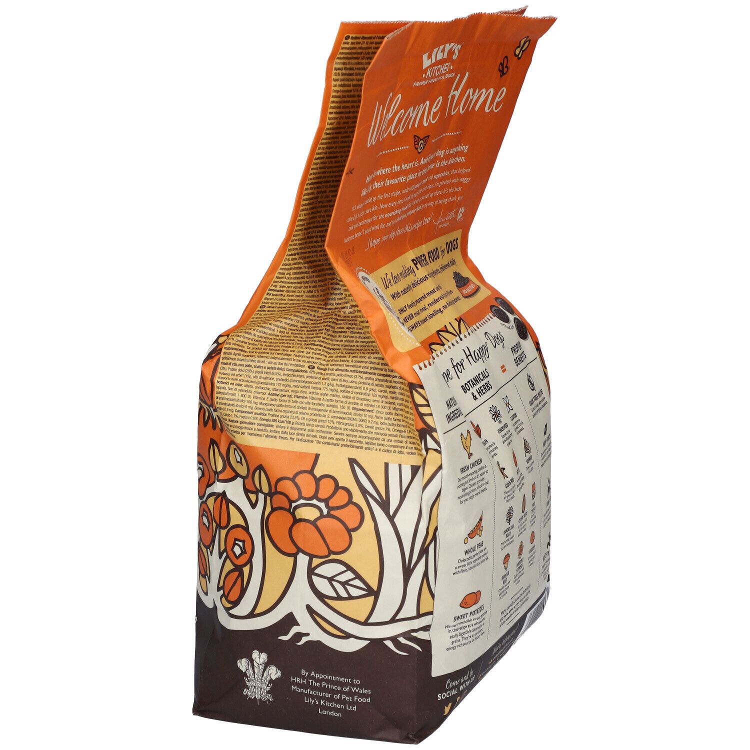 Sac de nourriture pour chiens ouvert. Inscription : Lily's Kitchen, Welcome Home. Informations au dos. Illustrations d'ingrédients.