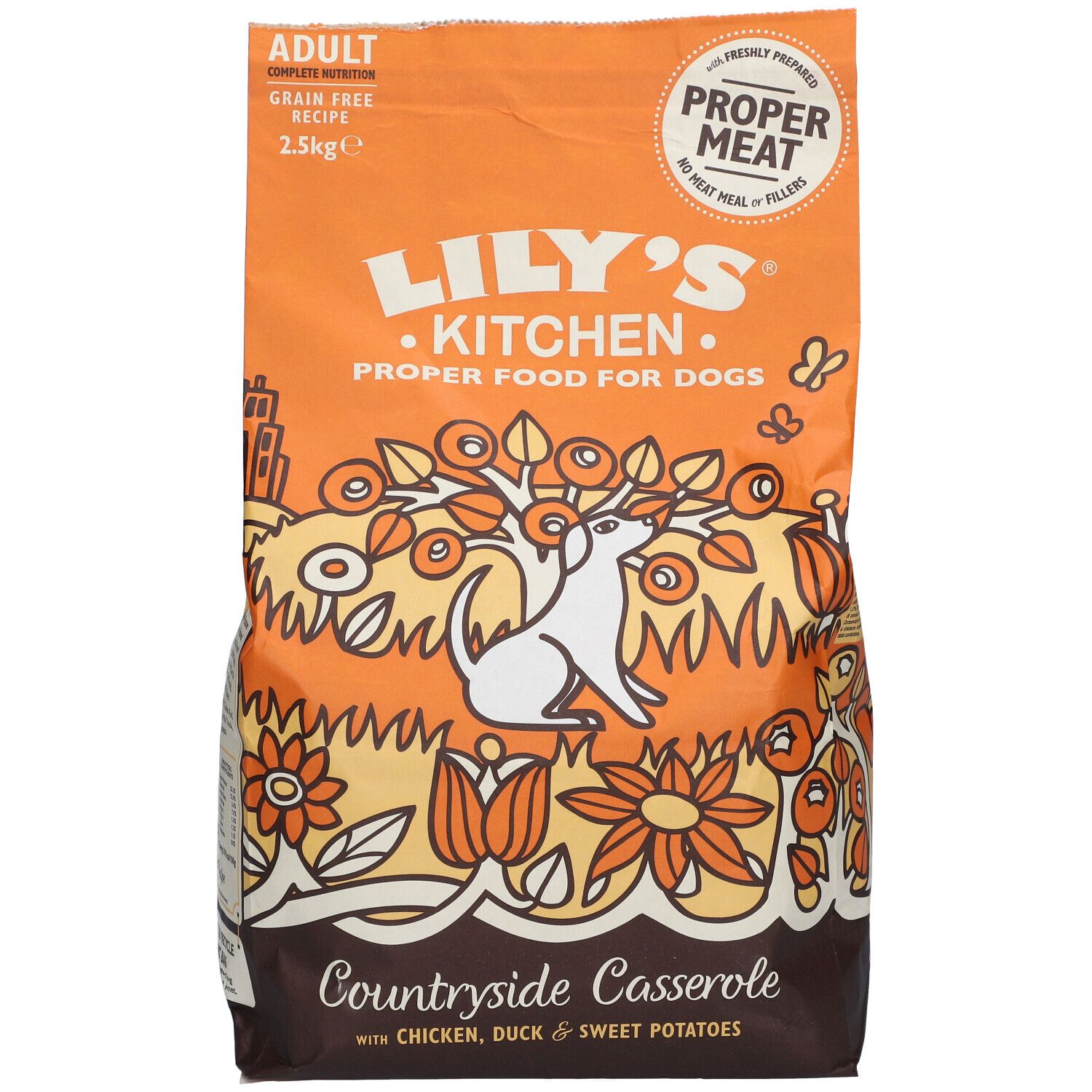Sac orange de nourriture pour chiens. Inscription : Lily's Kitchen, Countryside Casserole, Adult, 2.5kg. Illustration : chien, fleurs.