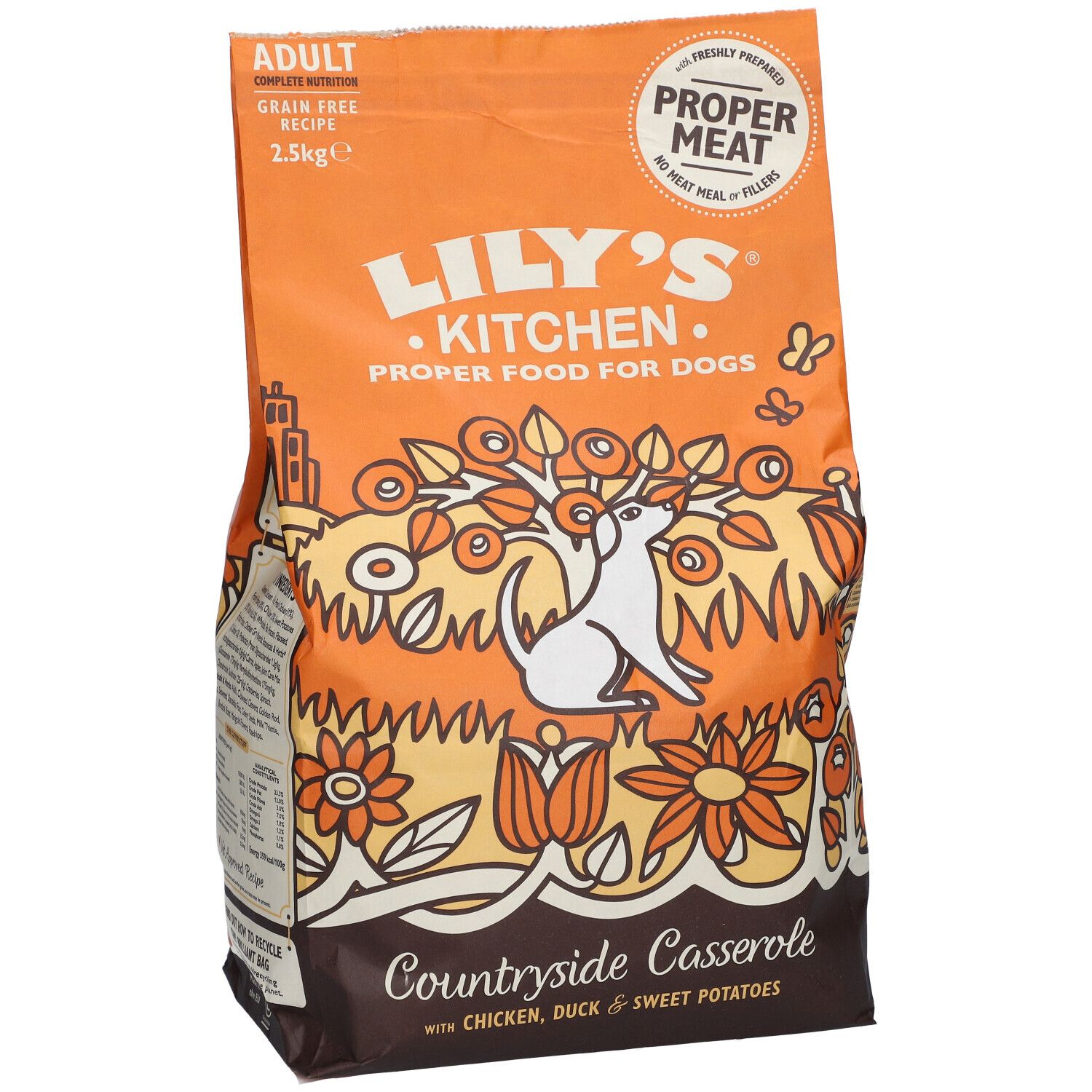 Sac orange de nourriture pour chiens. Inscription : Lily's Kitchen, Countryside Casserole, Adult, 2.5kg. Illustration : chien, fleurs.
