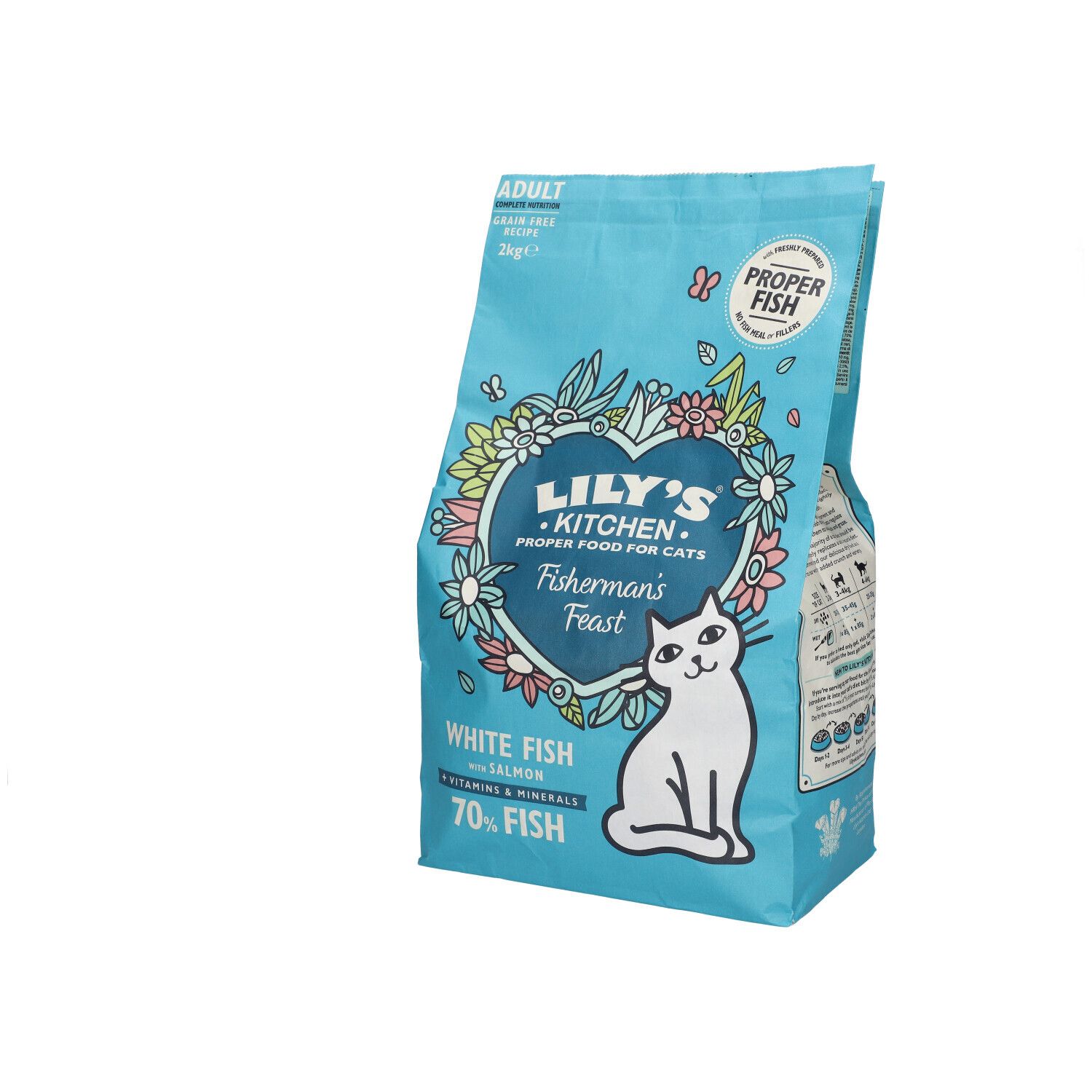 Paquet bleu clair de nourriture pour chats. Inscription : Lily's Kitchen, Fisherman's Feast, White Fish. Illustration de chat.