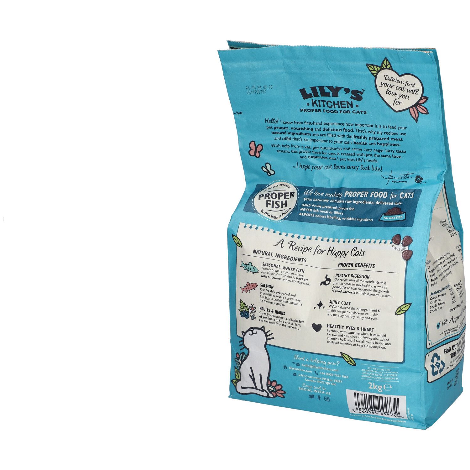 Paquet de nourriture pour chats bleu clair. Dos avec ingrédients et avantages. Inscription : Lily's Kitchen, Fisherman's Feast.