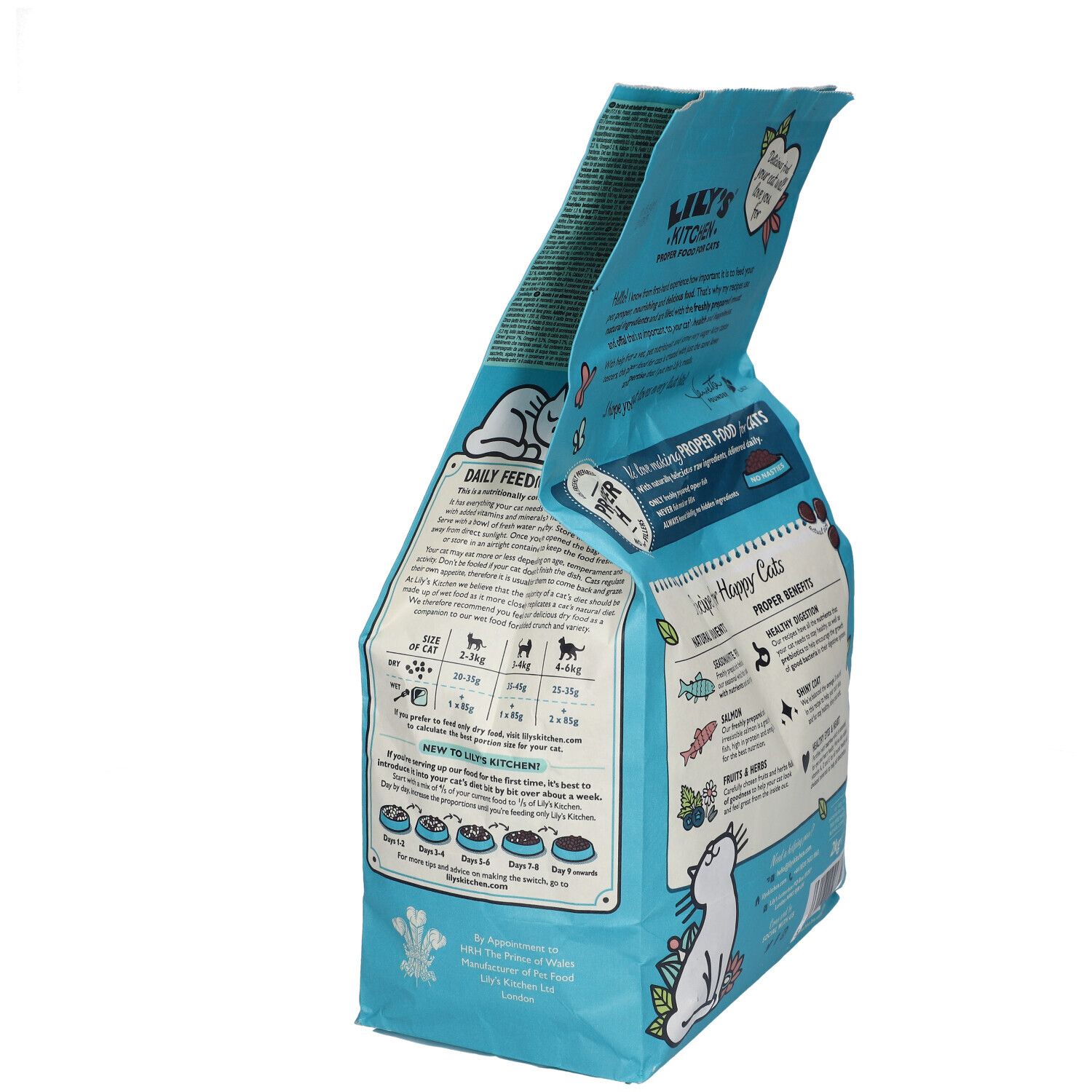 Paquet de nourriture pour chats bleu clair. Dos avec recommandations d'alimentation. Inscription : Lily's Kitchen, Fisherman's Feast.