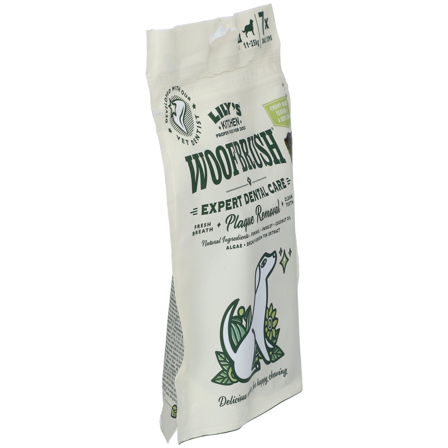 Emballage de Lily's® Kitchen Woofbrush® pour chiens. Sachet blanc avec logo, nom du produit et illustration de chien.