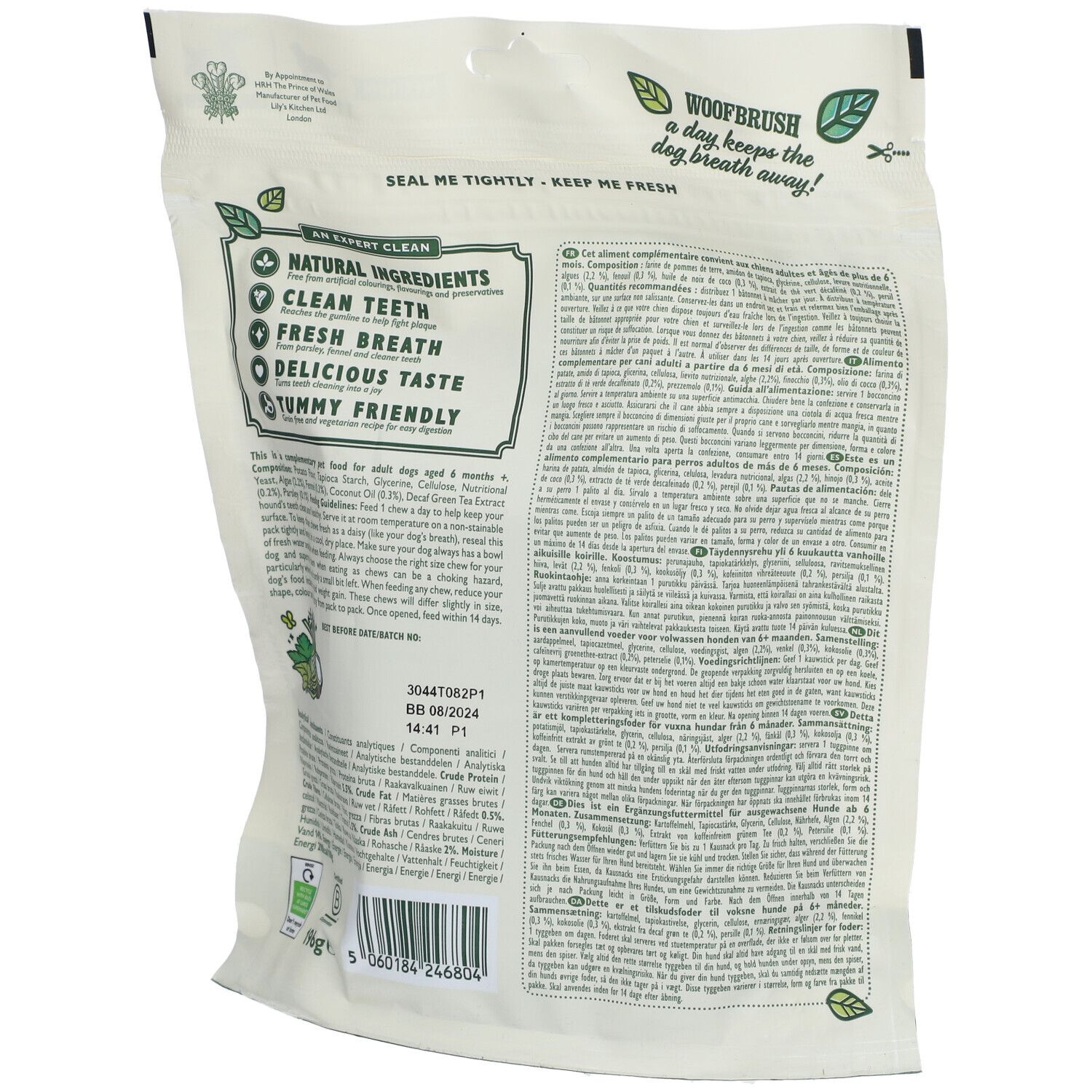 Dos de l'emballage Lily's® Kitchen Woofbrush®. Texte avec ingrédients, informations et logos sur fond blanc.