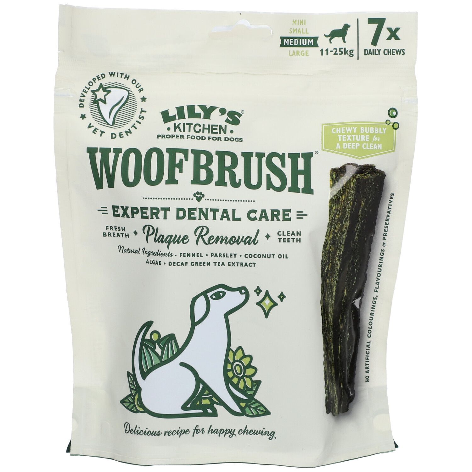 Lily's® Kitchen Woofbrush® Multipack. Emballage blanc avec produit, logo, nom et bâtonnets dentaires.