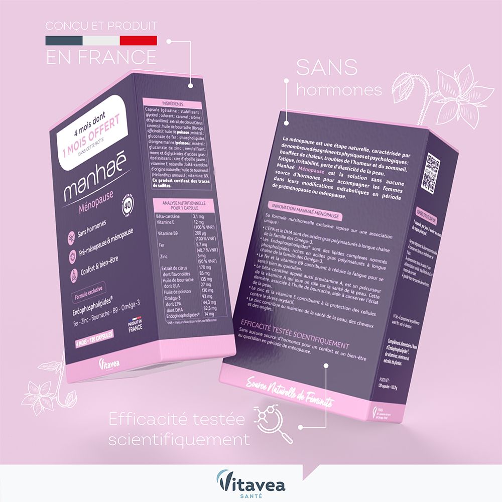 Deux boîtes Manhaé. Montrent des informations sur les ingrédients et l'origine. Fabriqué en France. Sans hormones.