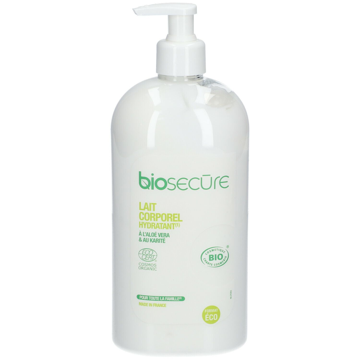 Flacon blanc avec pompe. Inscription: bio secure, Lait Corporel Hydratant, Aloe Vera & Karité. Label bio.