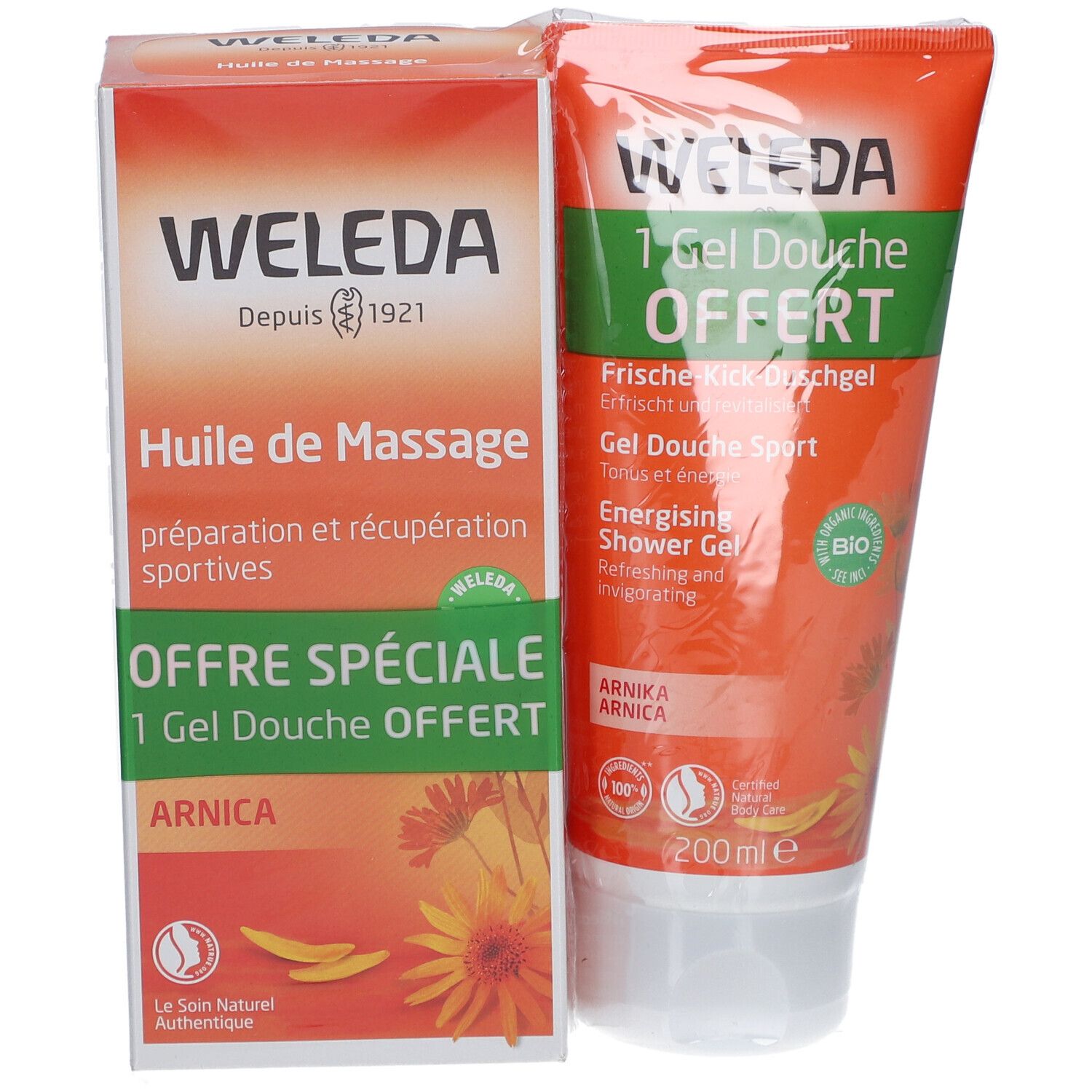 Weleda Huile de Massage à l'Arnica 200 ml + Gel Douche Sport à l'Arnica