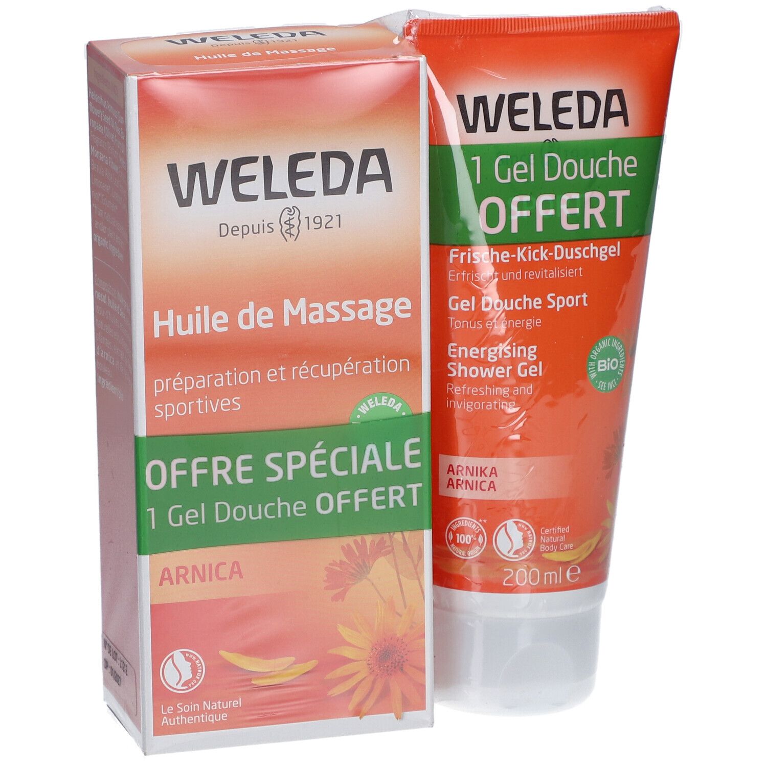 Weleda Huile de Massage à l'Arnica 200 ml + Gel Douche Sport à l'Arnica