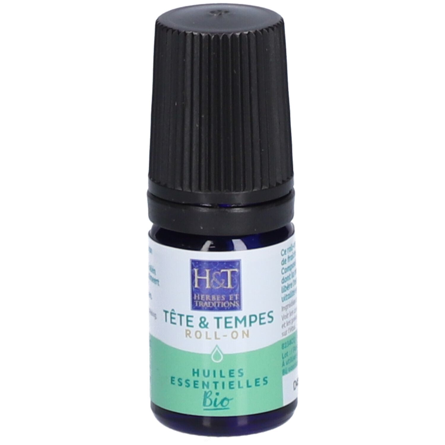 Flacon roll-on bleu avec bouchon noir. Inscriptions: H&T, Tête & Tempes, Huiles Essentielles, Bio.