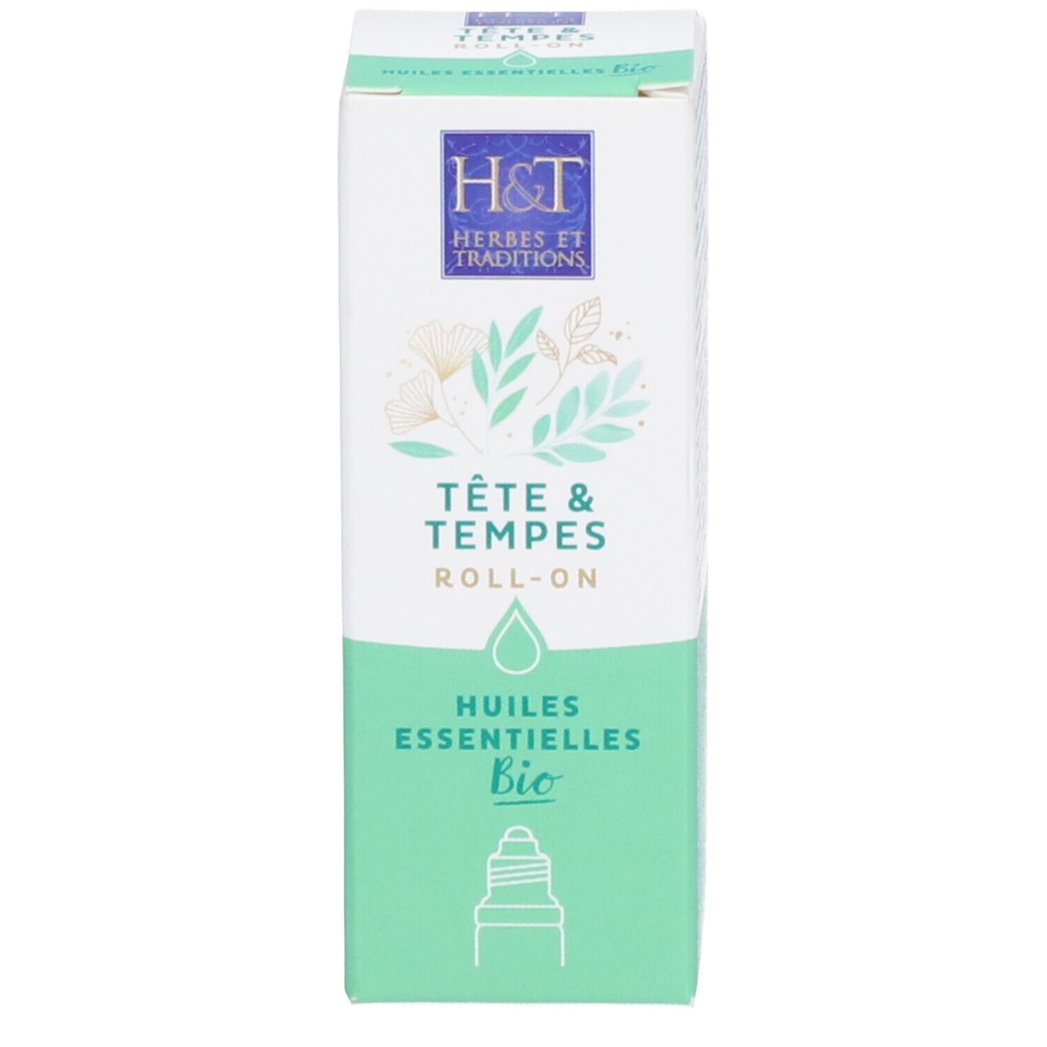 Emballage avec inscription: H&T, Tête & Tempes, Huiles Essentielles, Bio. Illustration d'une fleur.