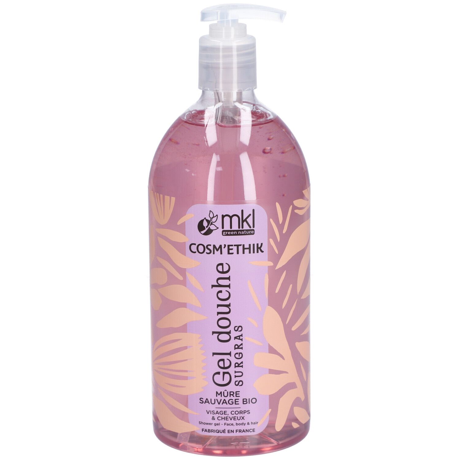 Flacon transparent avec liquide rose et pompe. Étiquette avec informations produit et logo.