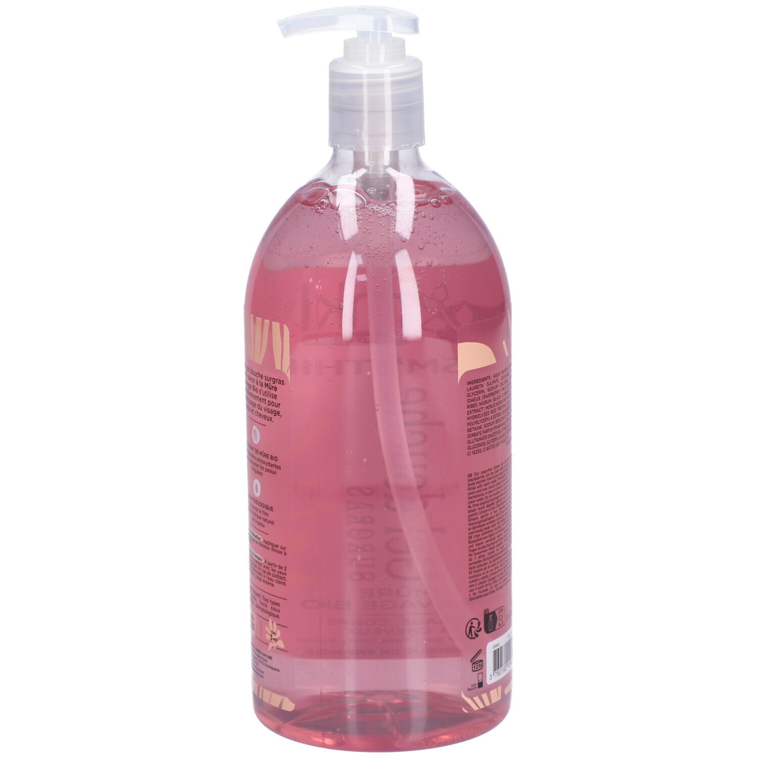 Flacon avec liquide rose et pompe. Étiquette avec informations produit. Vue latérale.