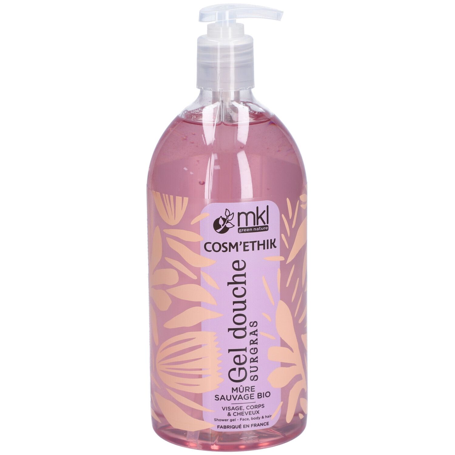 Flacon transparent avec liquide rose et pompe. Étiquette avec informations produit et logo.